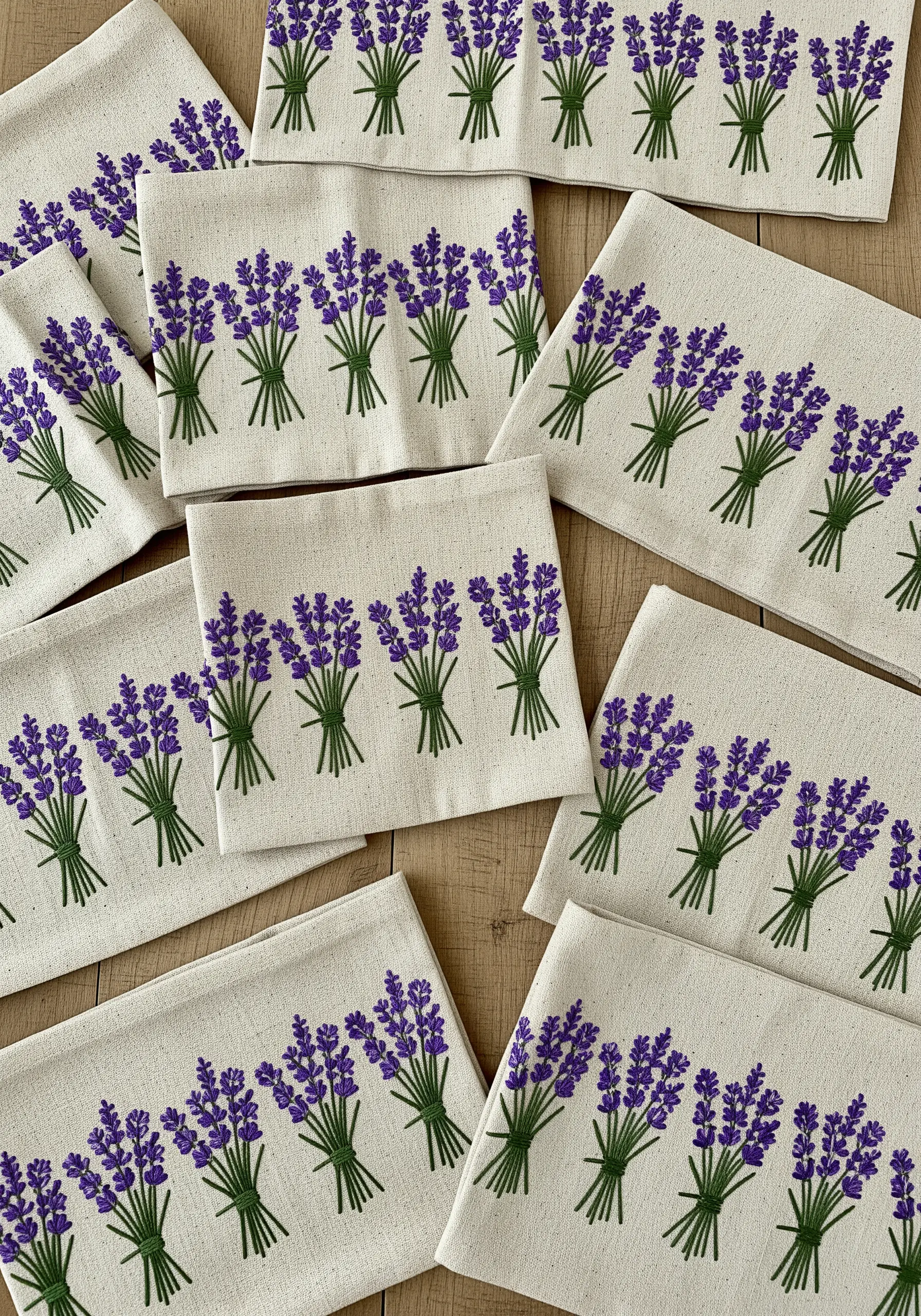 A collection of linen napkins, each with a border of repeating lavender bouquets.