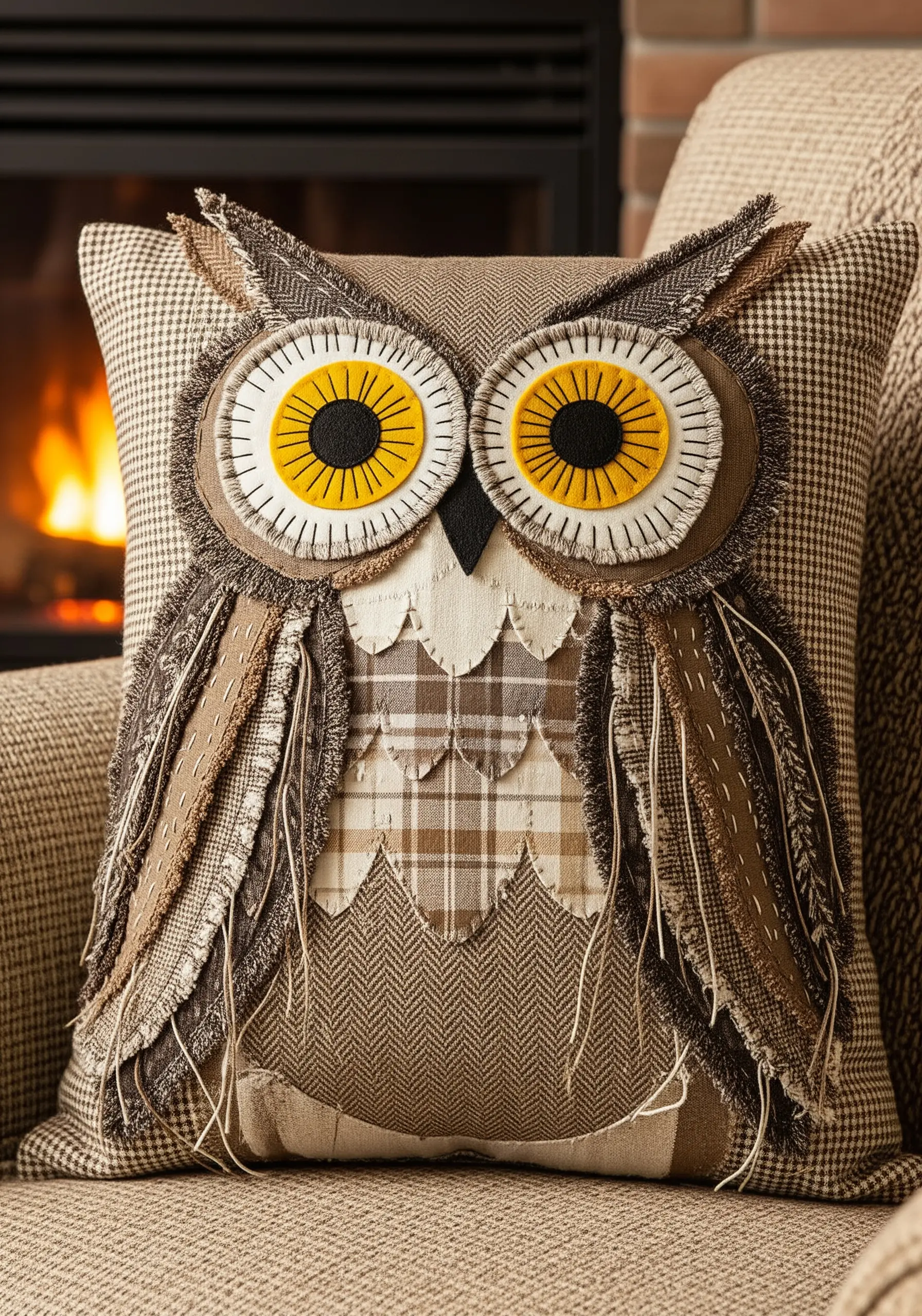 A whimsical owl cushion made from layered tweed, plaid, and frayed fabric scraps.