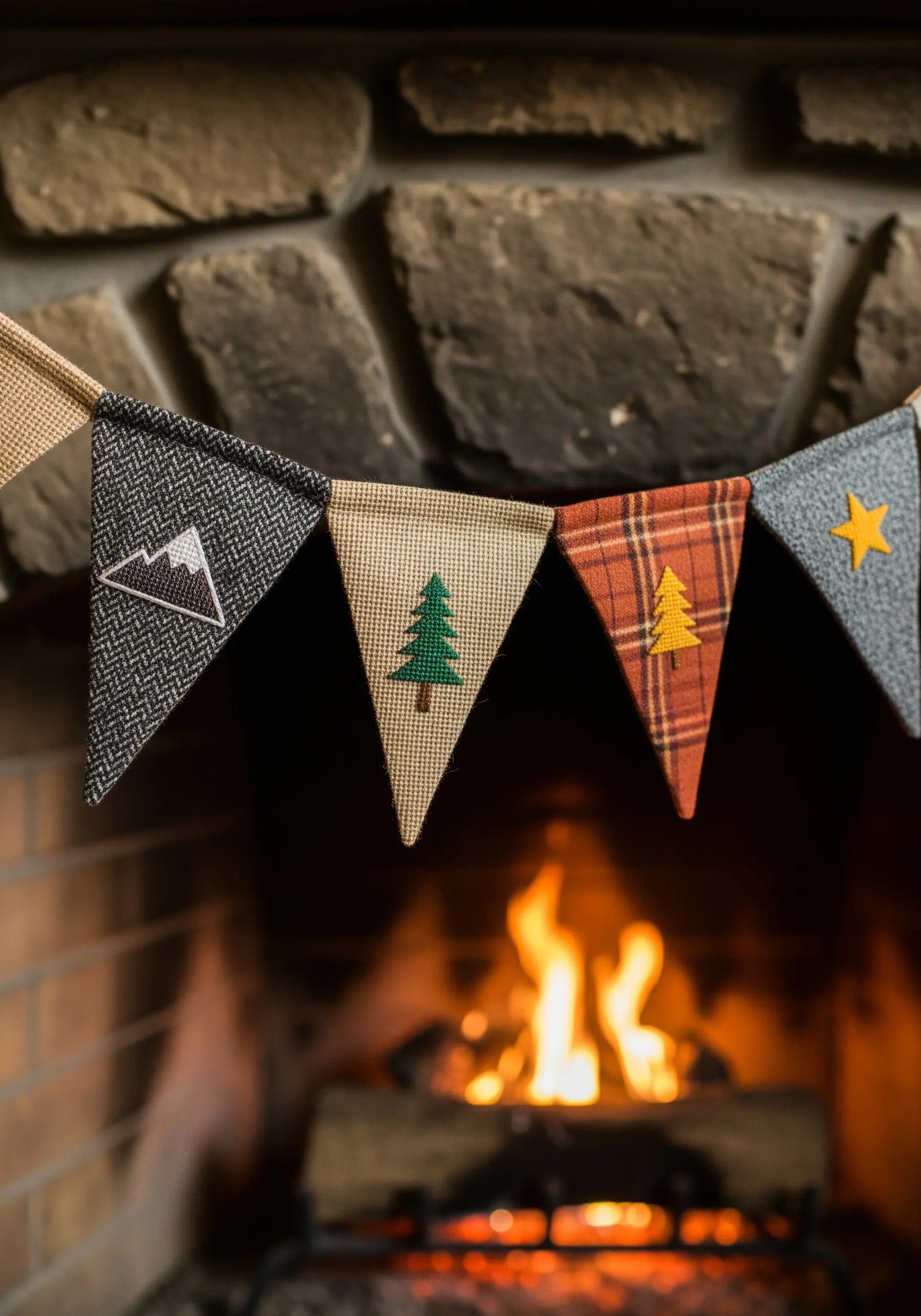 A rustic fabric pennant banner with small, simple embroidered motifs of mountains and trees.