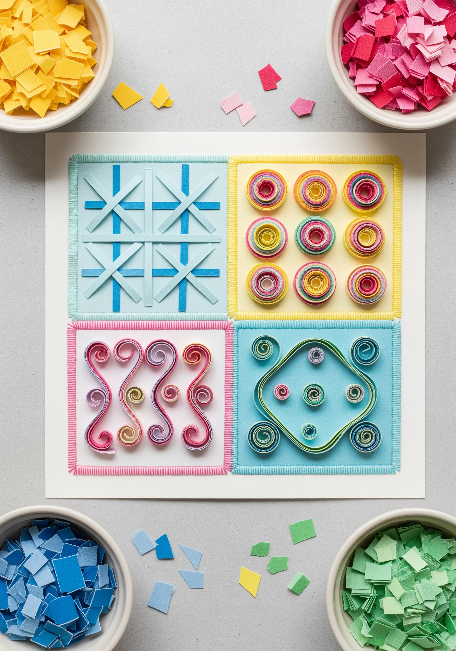 Four-panel paper art piece, each panel showcasing different paper craft and quilling techniques.
