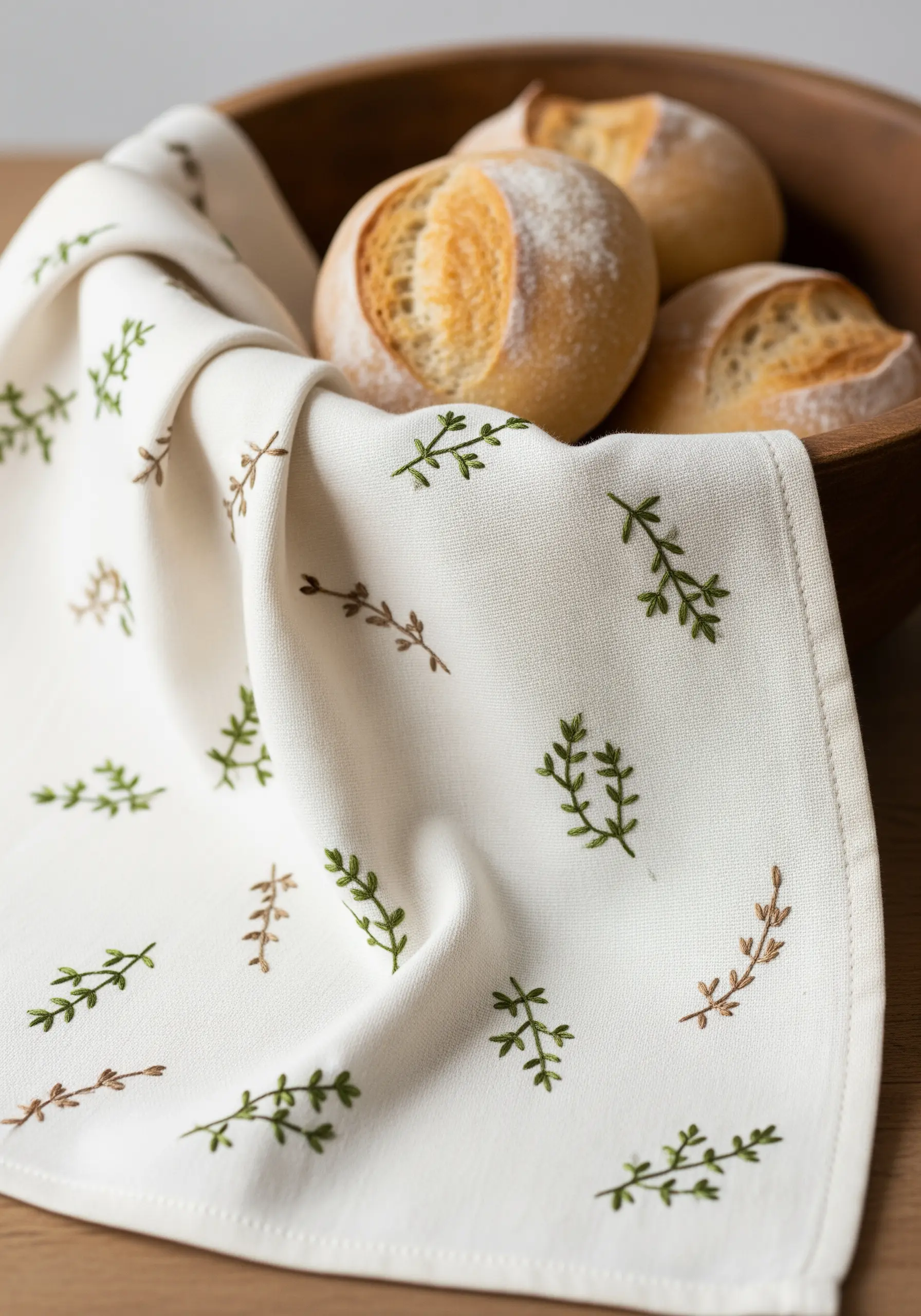 Delicate green and brown herb sprigs scattered across a white linen napkin in a bread basket.