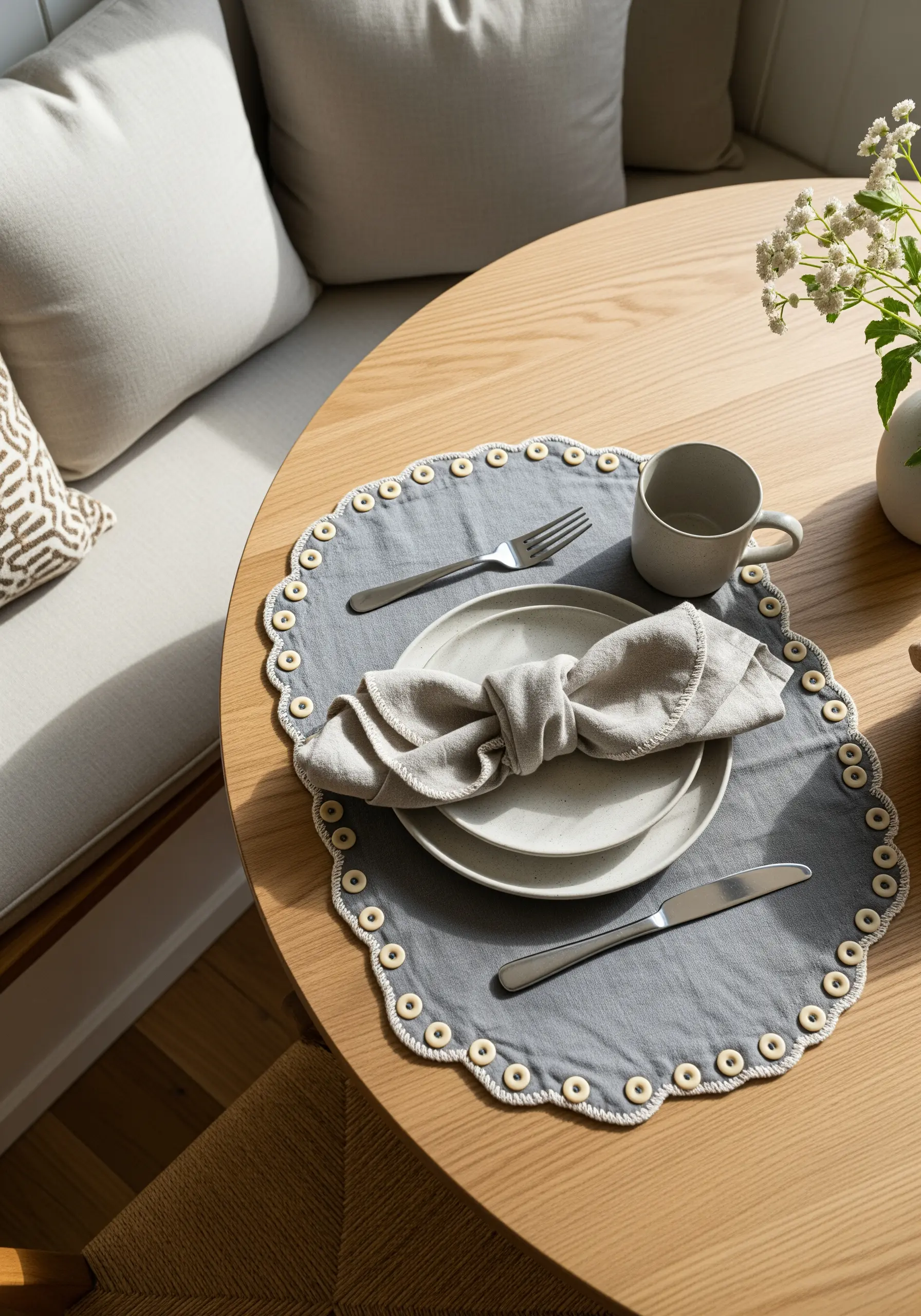 A grey linen placemat with a scalloped edge made from embroidered wooden rings.