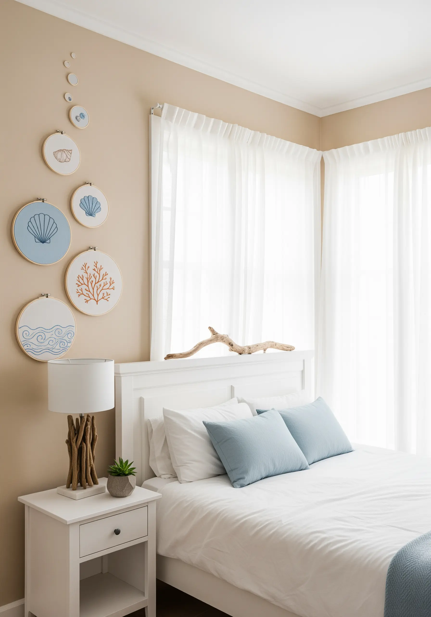 A collection of embroidery hoops with coastal motifs like shells, coral, and waves.