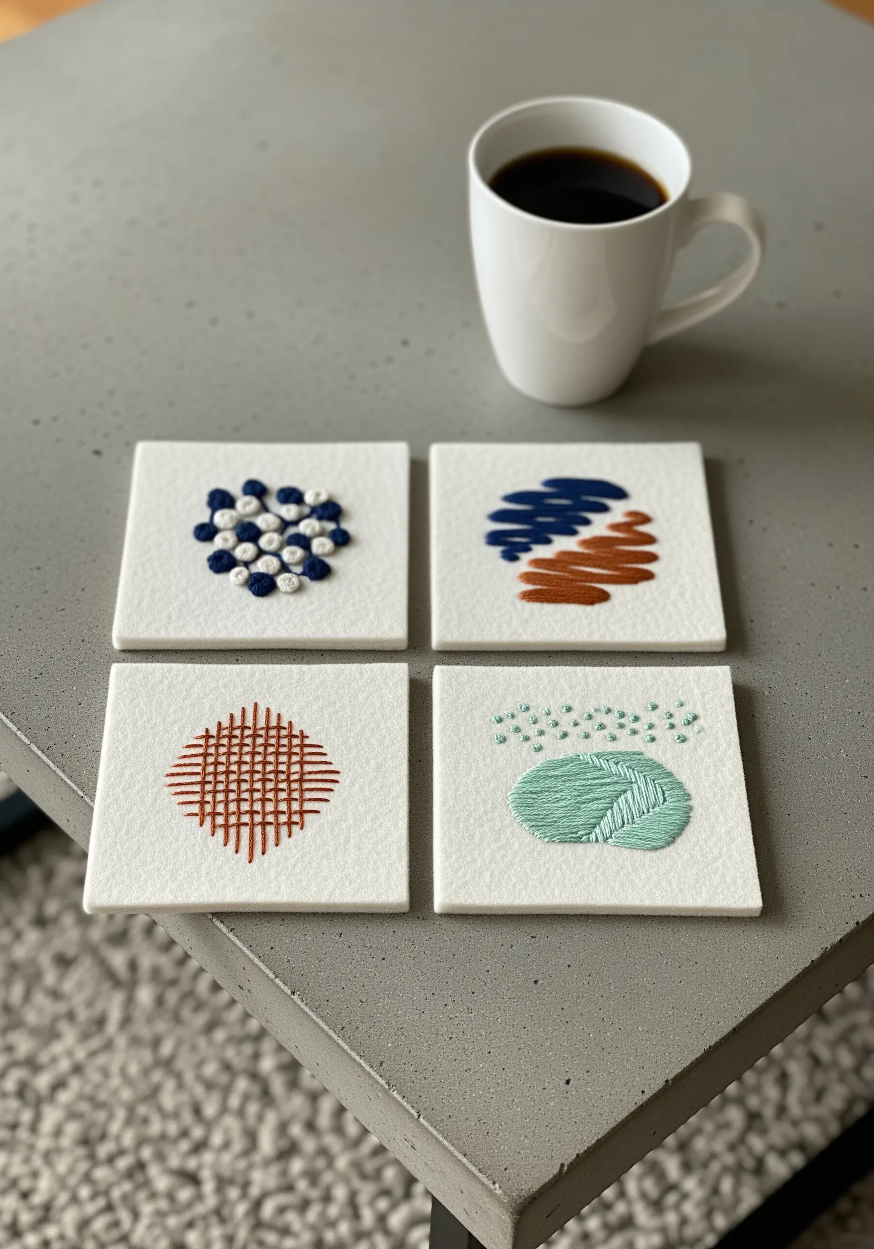 A set of four white coasters, each with a different abstract embroidery design in minimalist colors.
