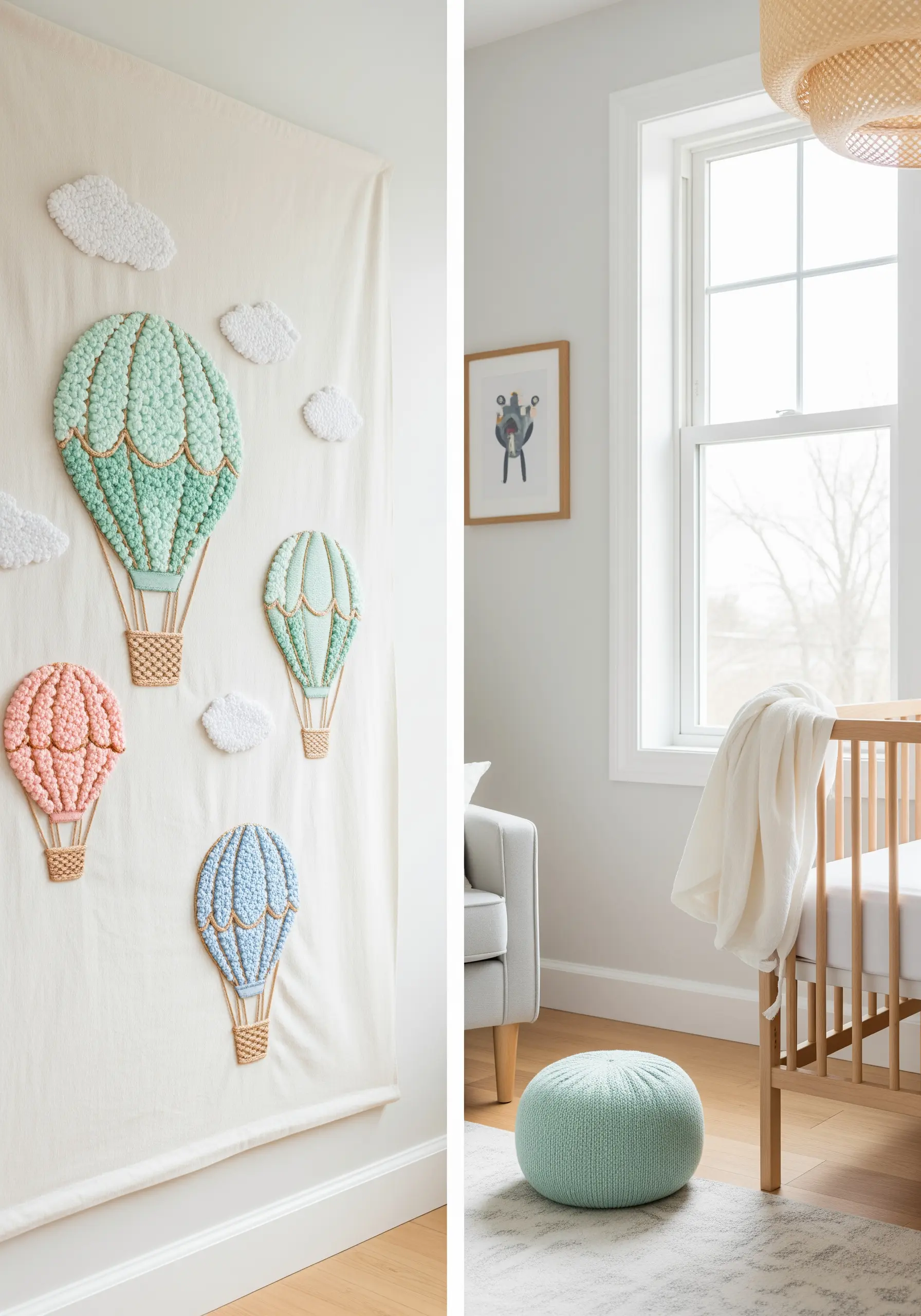 Punch needle hot air balloons and clouds appliquéd onto a fabric wall hanging for a nursery.