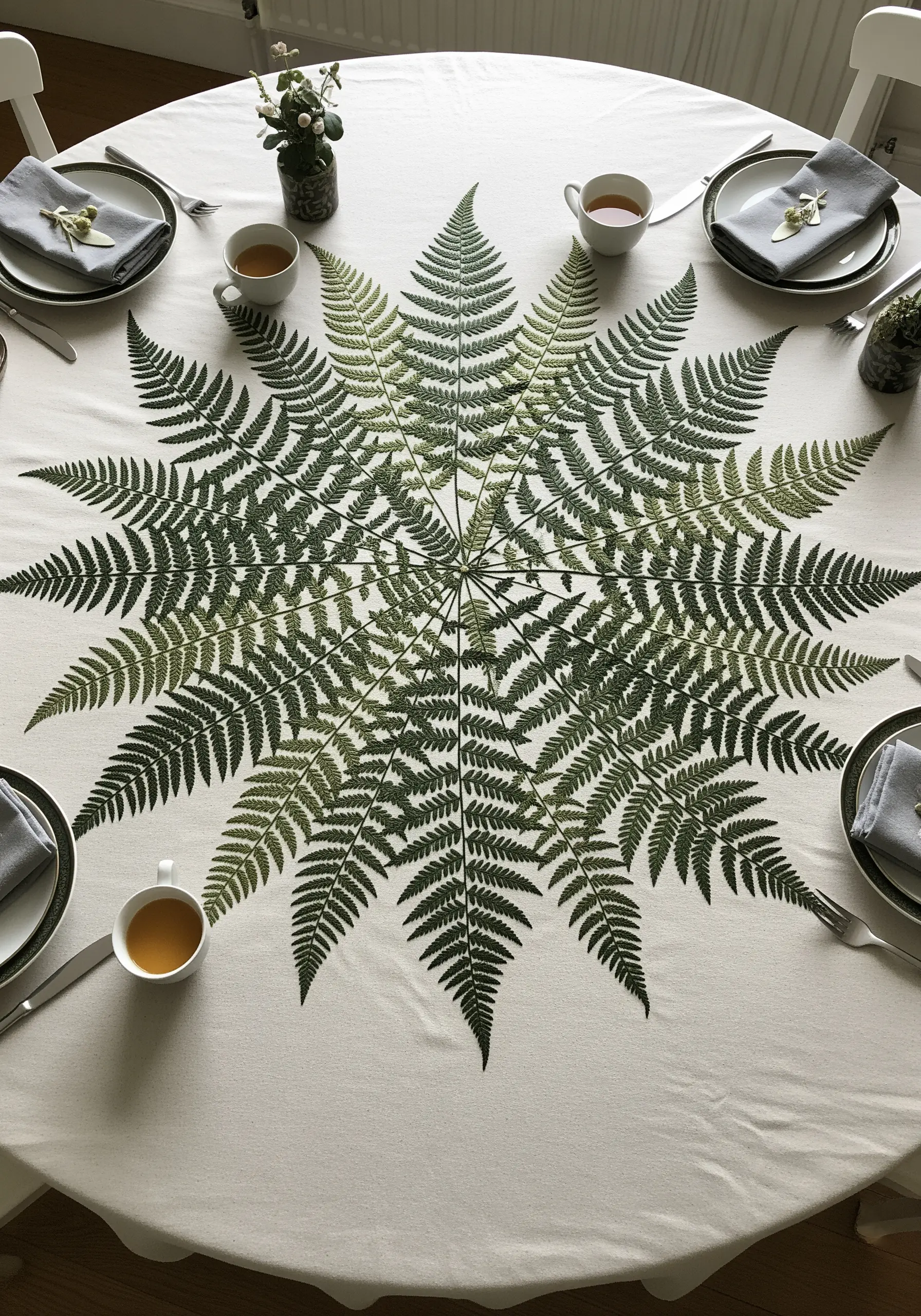 A round table set for tea, covered with a tablecloth featuring a large fern mandala.