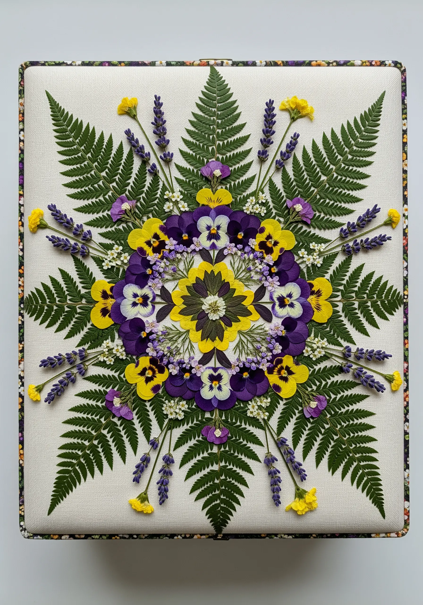 A perfectly symmetrical mandala made from pressed ferns, pansies, and lavender on a white canvas.
