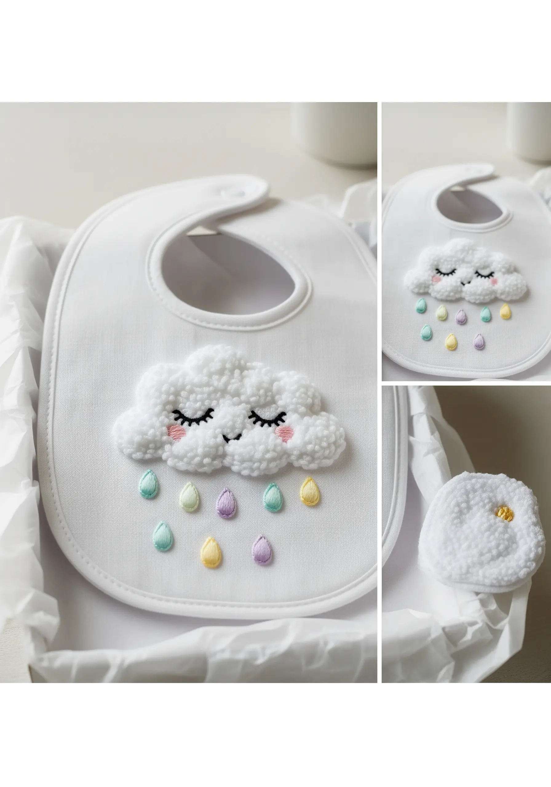 A white baby bib with a fluffy embroidered cloud made of French knots and pastel satin-stitched raindrops.