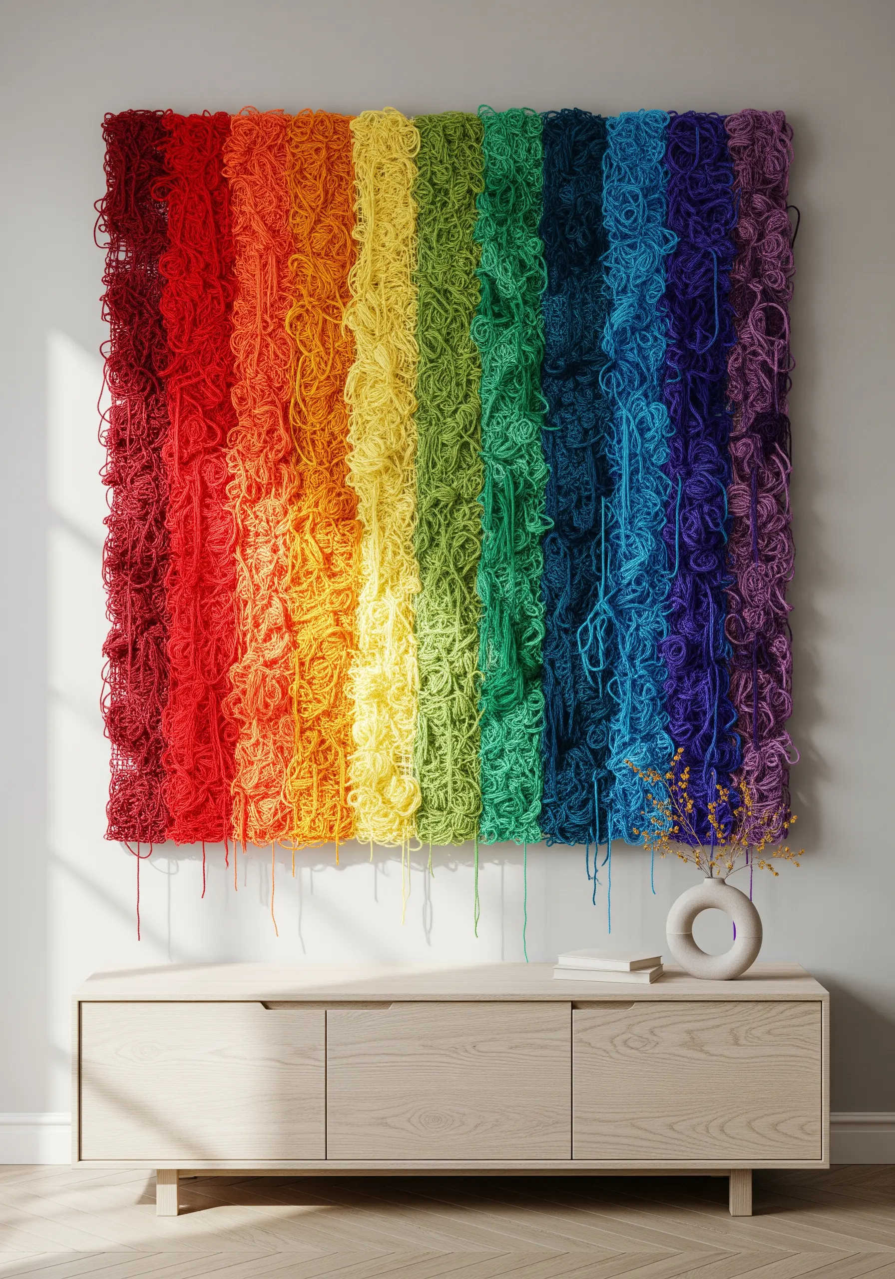 A large wall hanging with vertical cascades of rainbow-colored yarn, creating a textured waterfall effect