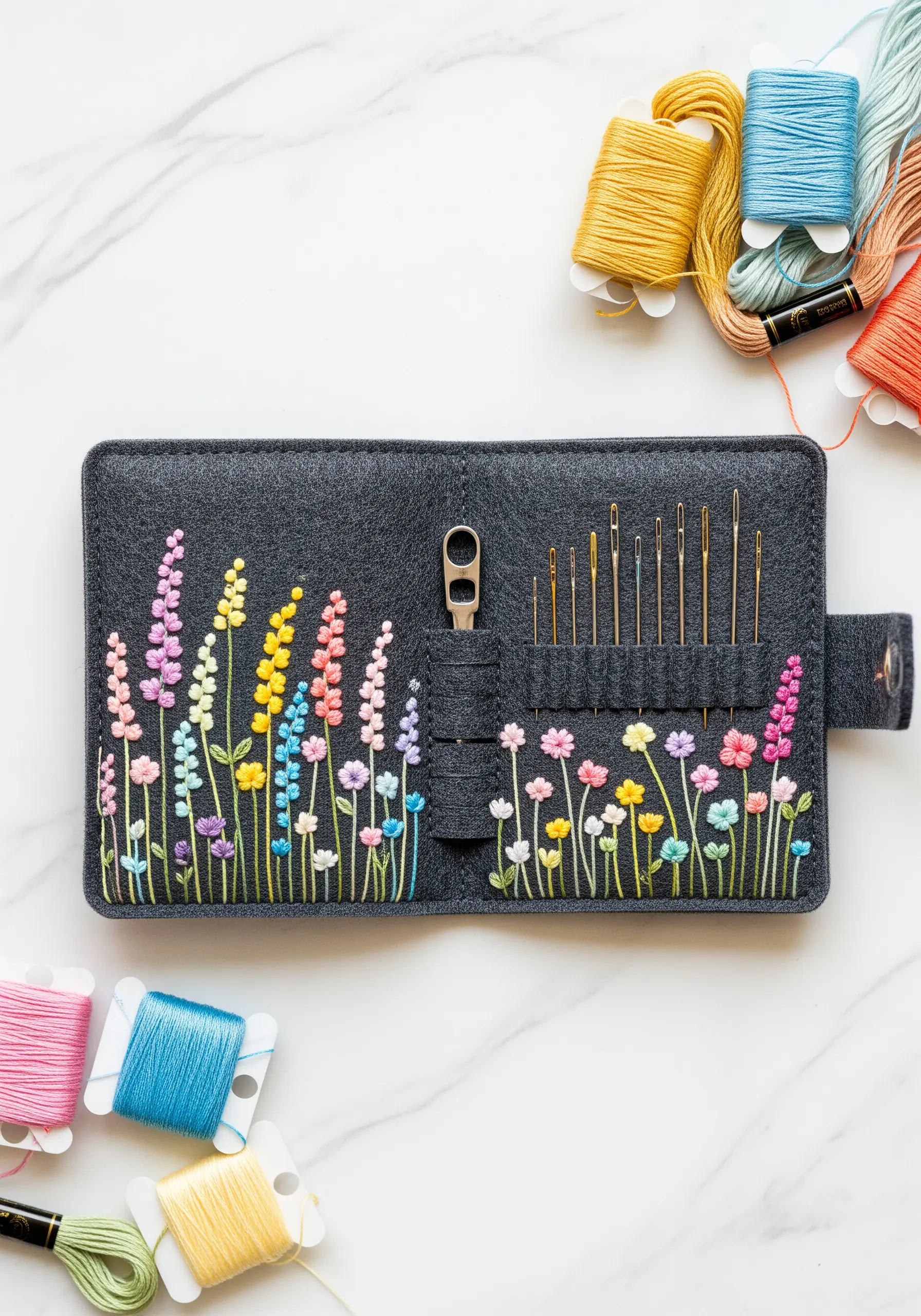 A dark grey felt needle case embroidered with a dense, colorful array of wildflowers.
