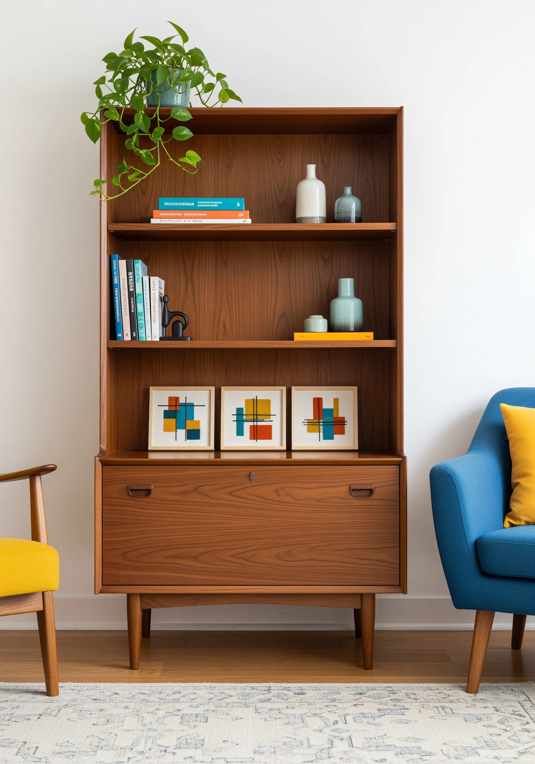 Three framed abstract geometric embroidery pieces with blocks of color on a mid-century bookcase.