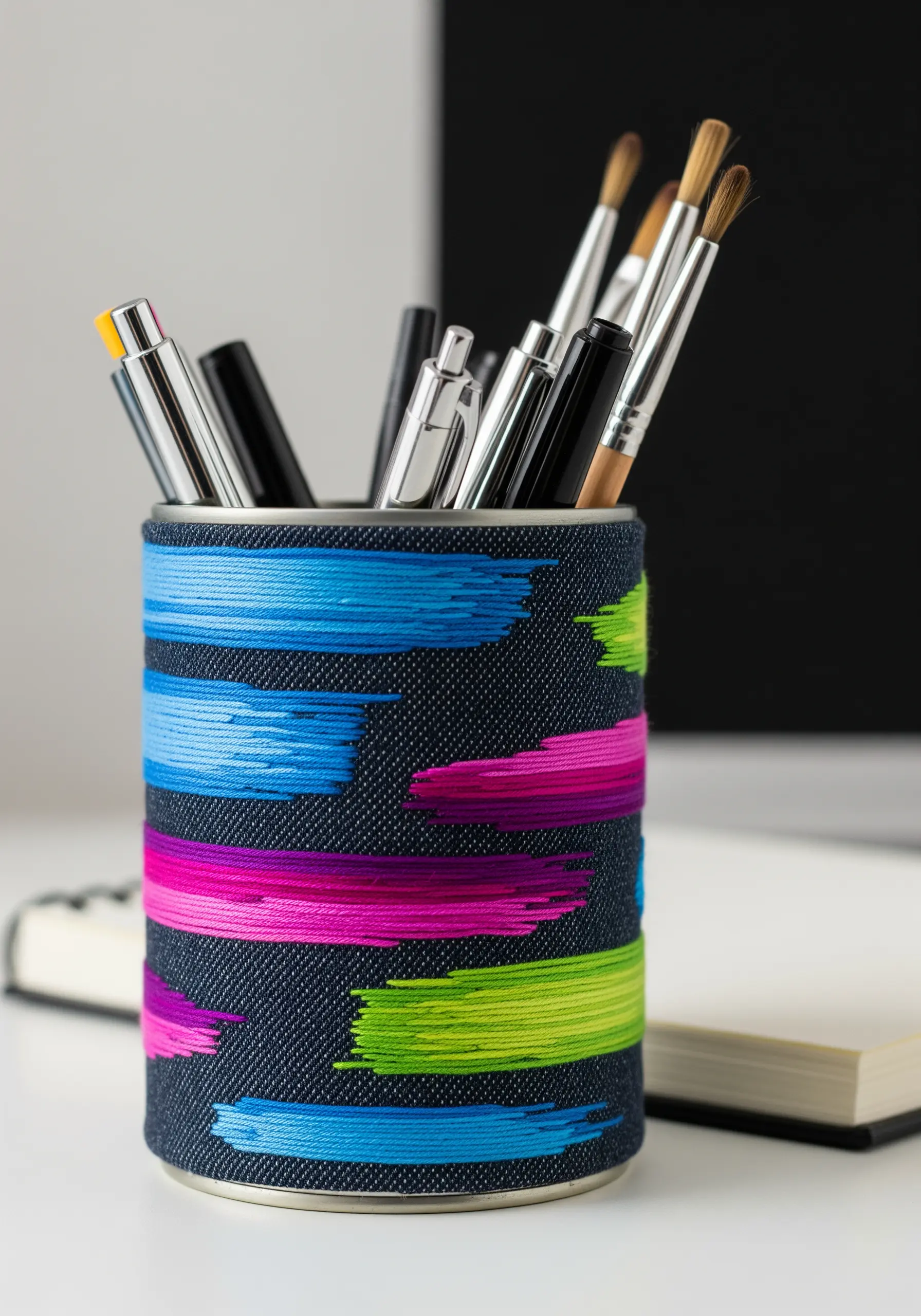 A denim-covered pen holder with vibrant, abstract satin stitch embroidery.