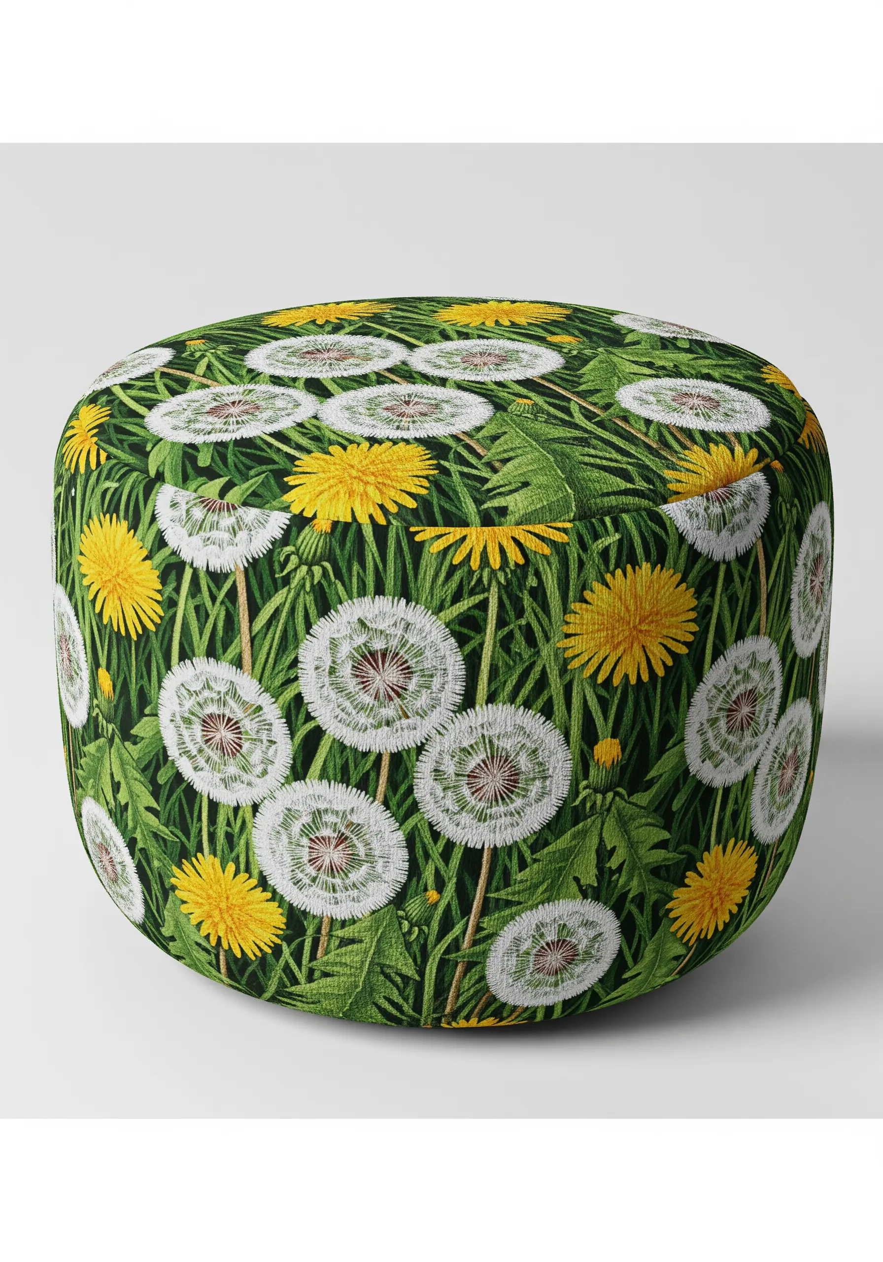 A cylindrical pouf upholstered with a dense, all-over dandelion and grass pattern.