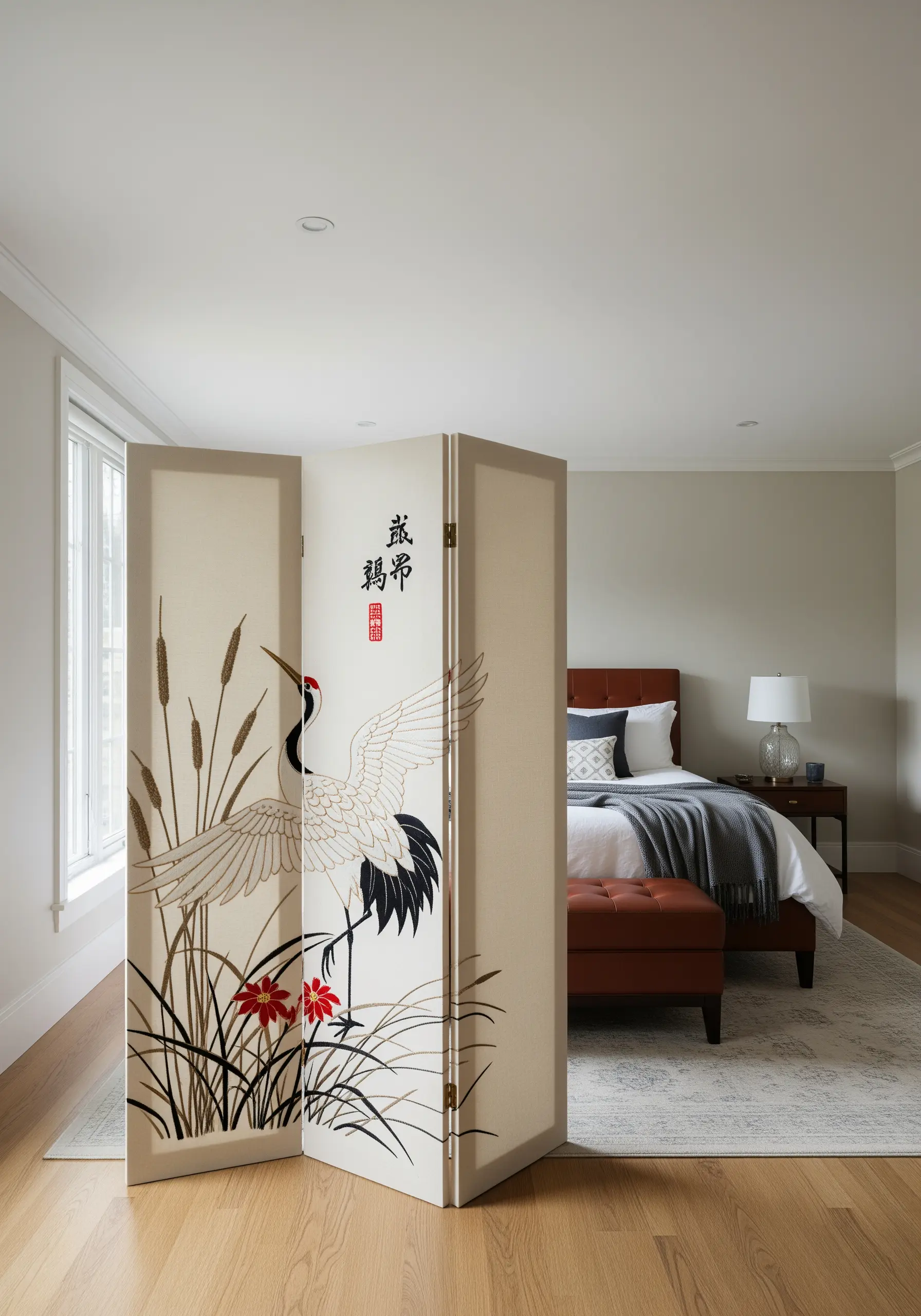 A three-panel folding screen with fabric embroidered to show a large crane and cattails.