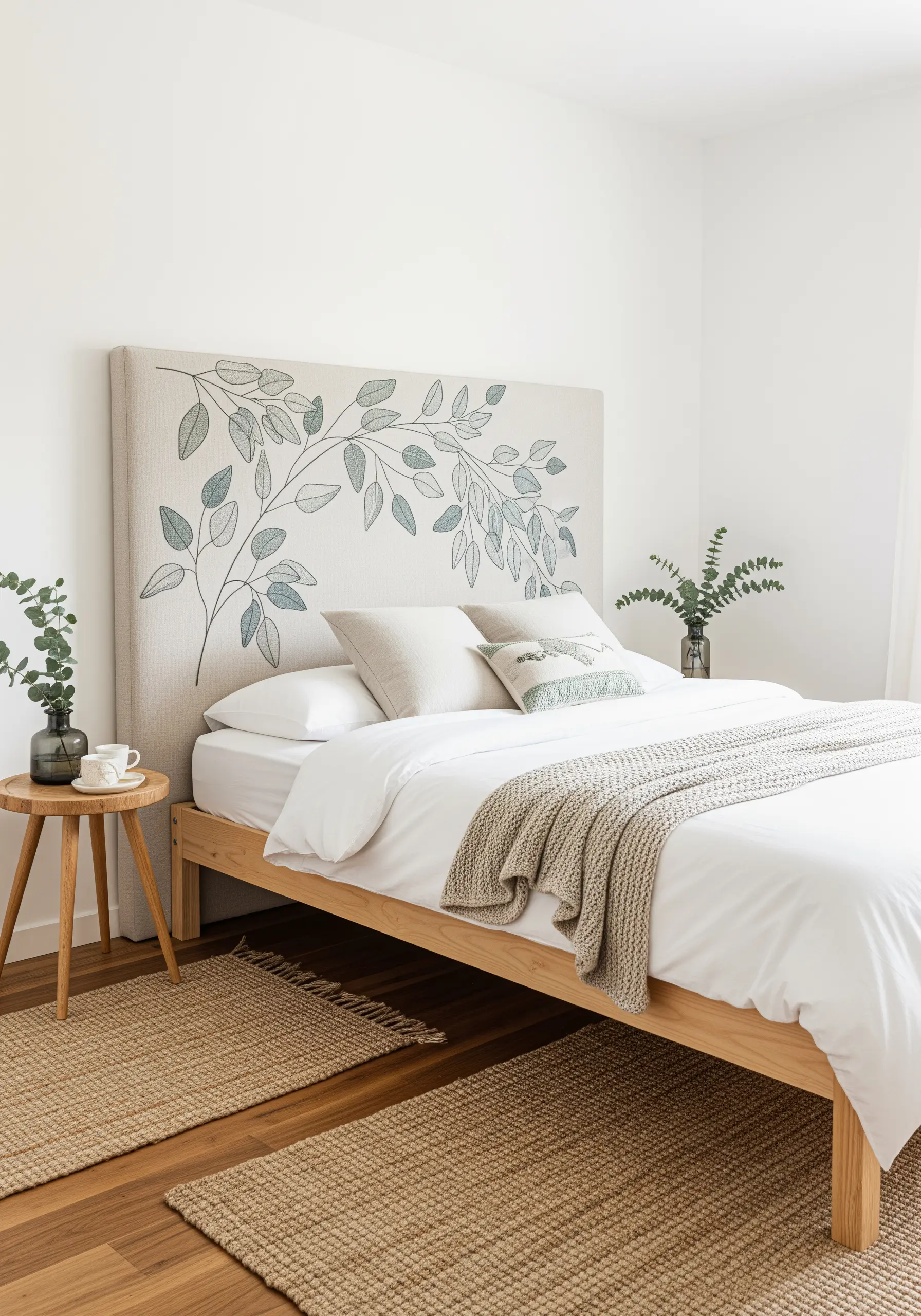 A linen-upholstered headboard featuring an embroidered green botanical vine pattern.