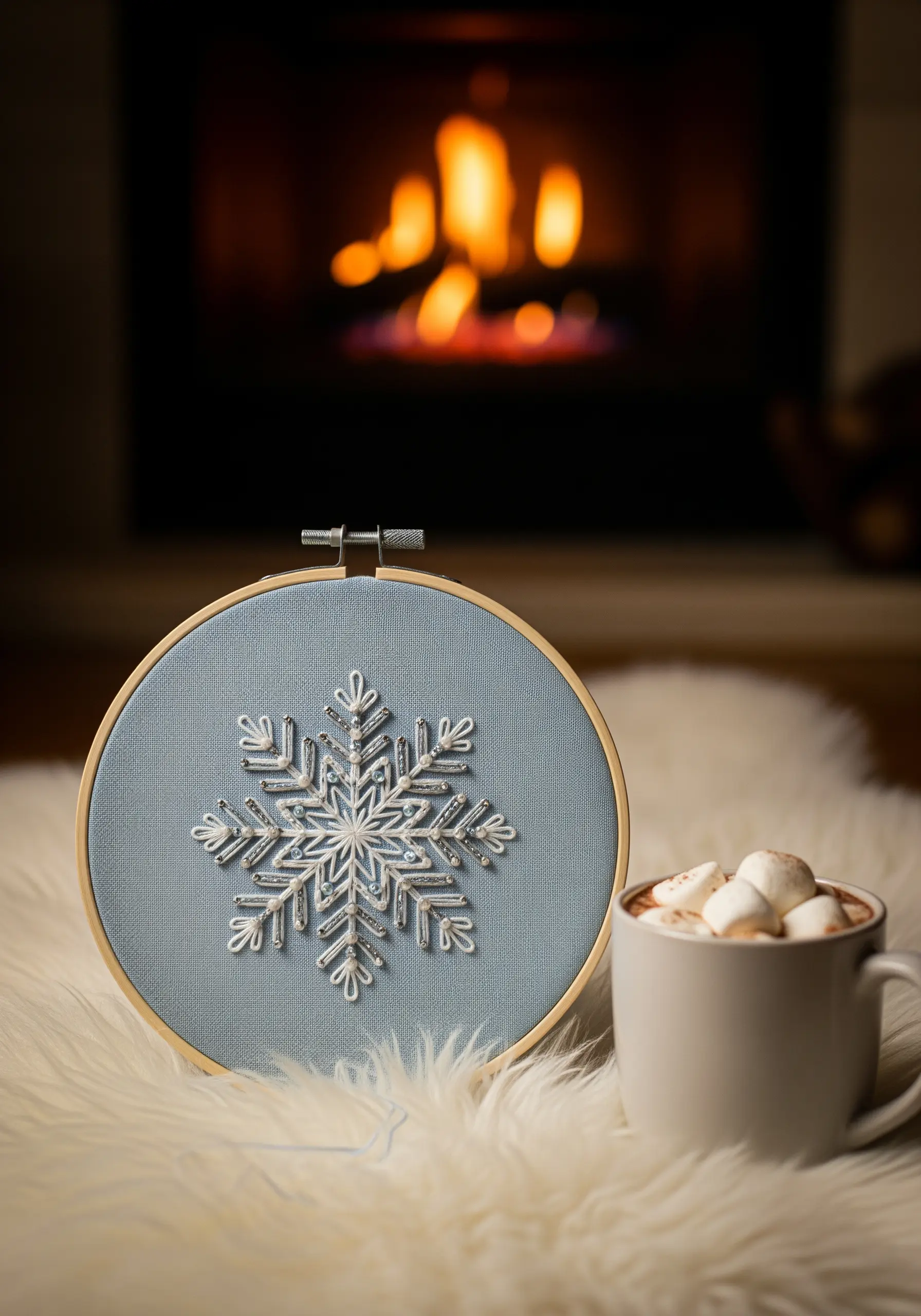 Intricate snowflake embroidered with white and silver thread on a dusty blue fabric.
