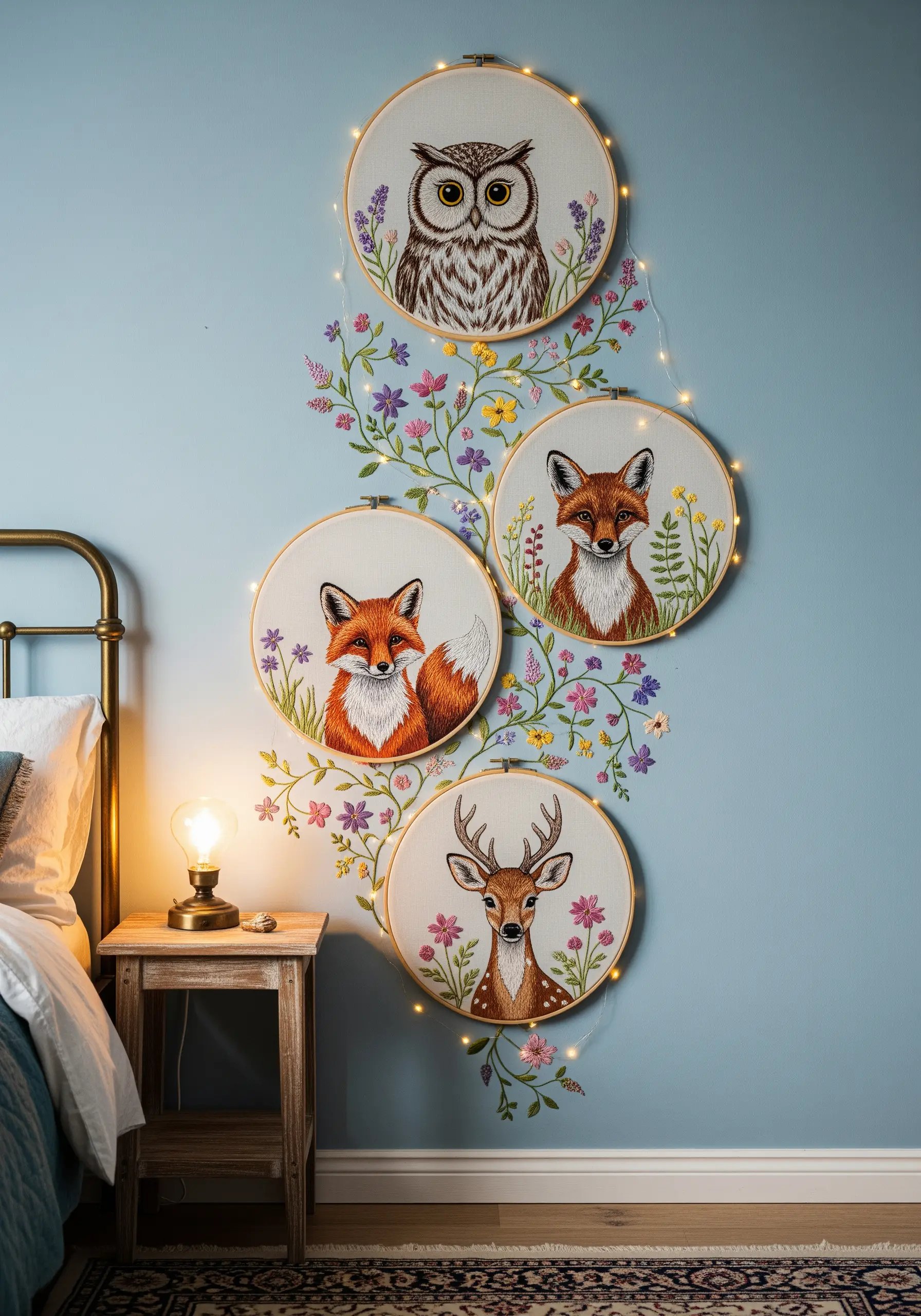 Four animal portrait hoops connected by embroidered floral vines that extend onto the wall.