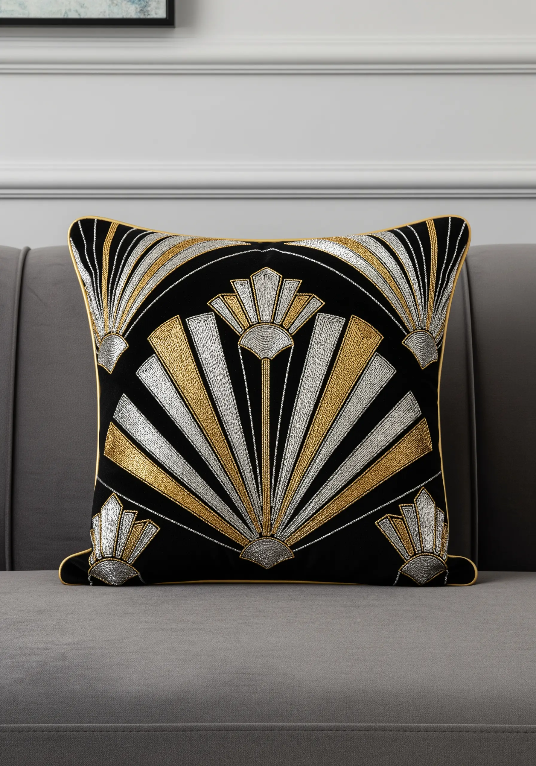 Art Deco fan pattern embroidered in gold, silver, and black on a cushion.