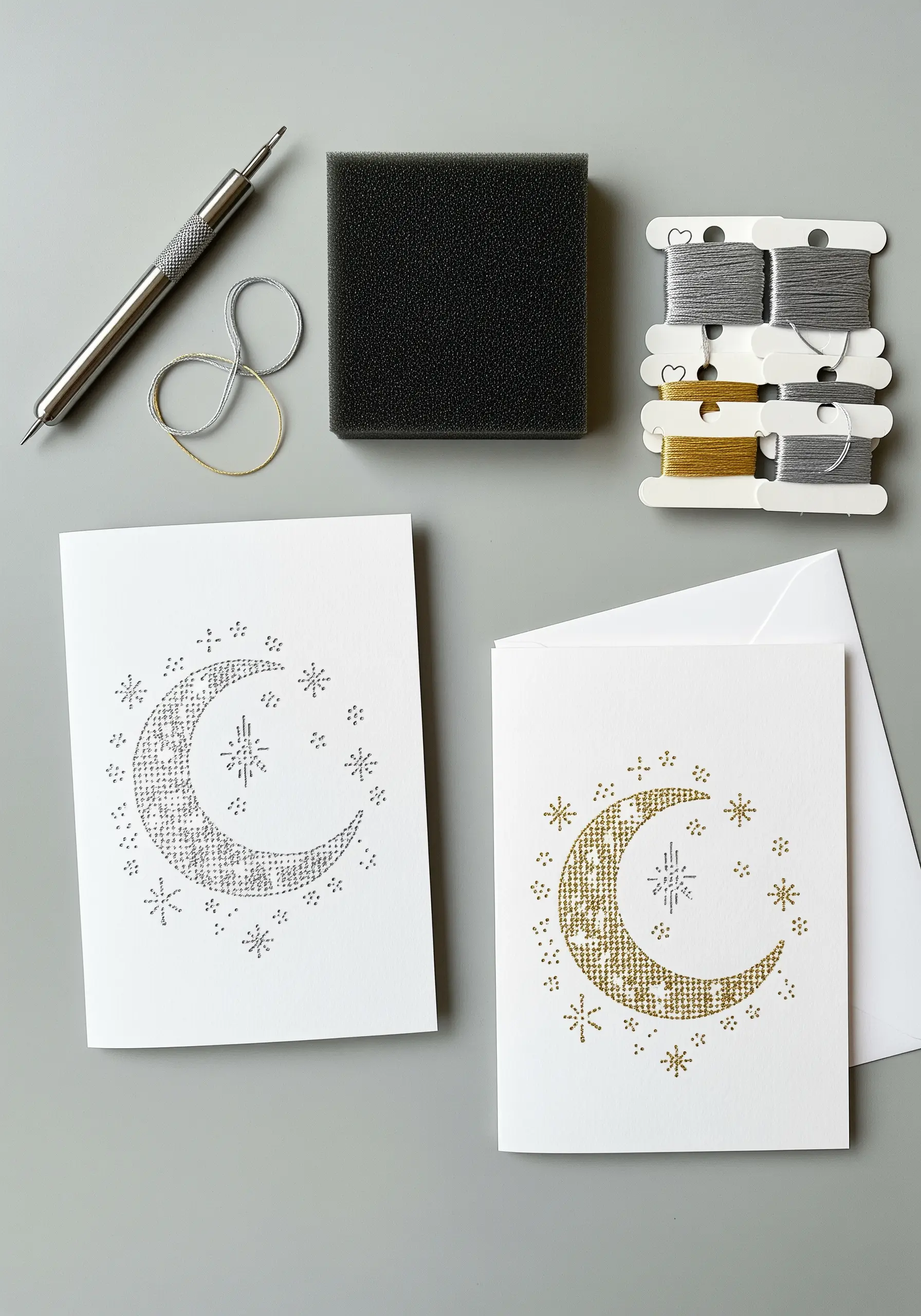 Hand-stitched greeting cards with a crescent moon motif in silver and gold metallic thread.