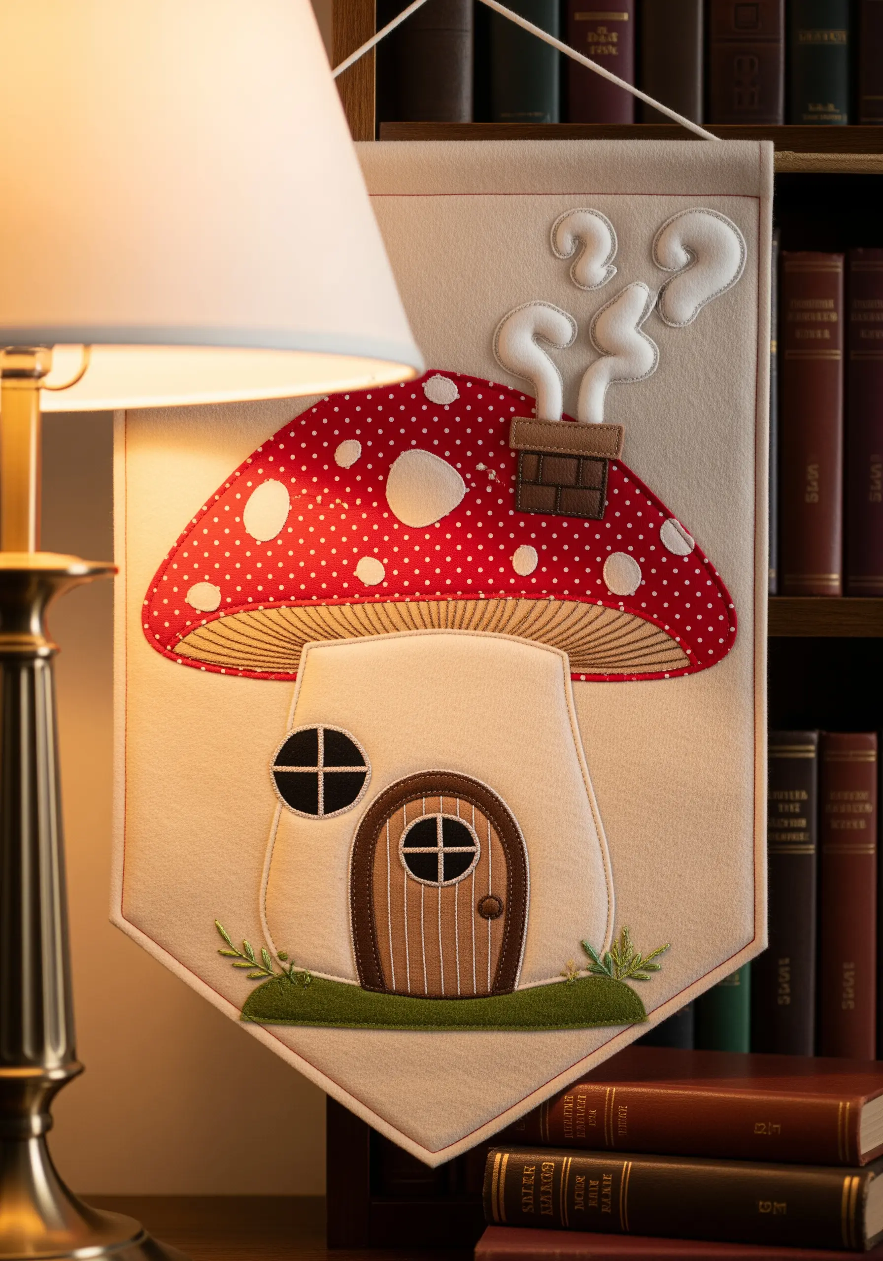 Felt appliqué wall banner of a red and white mushroom house.