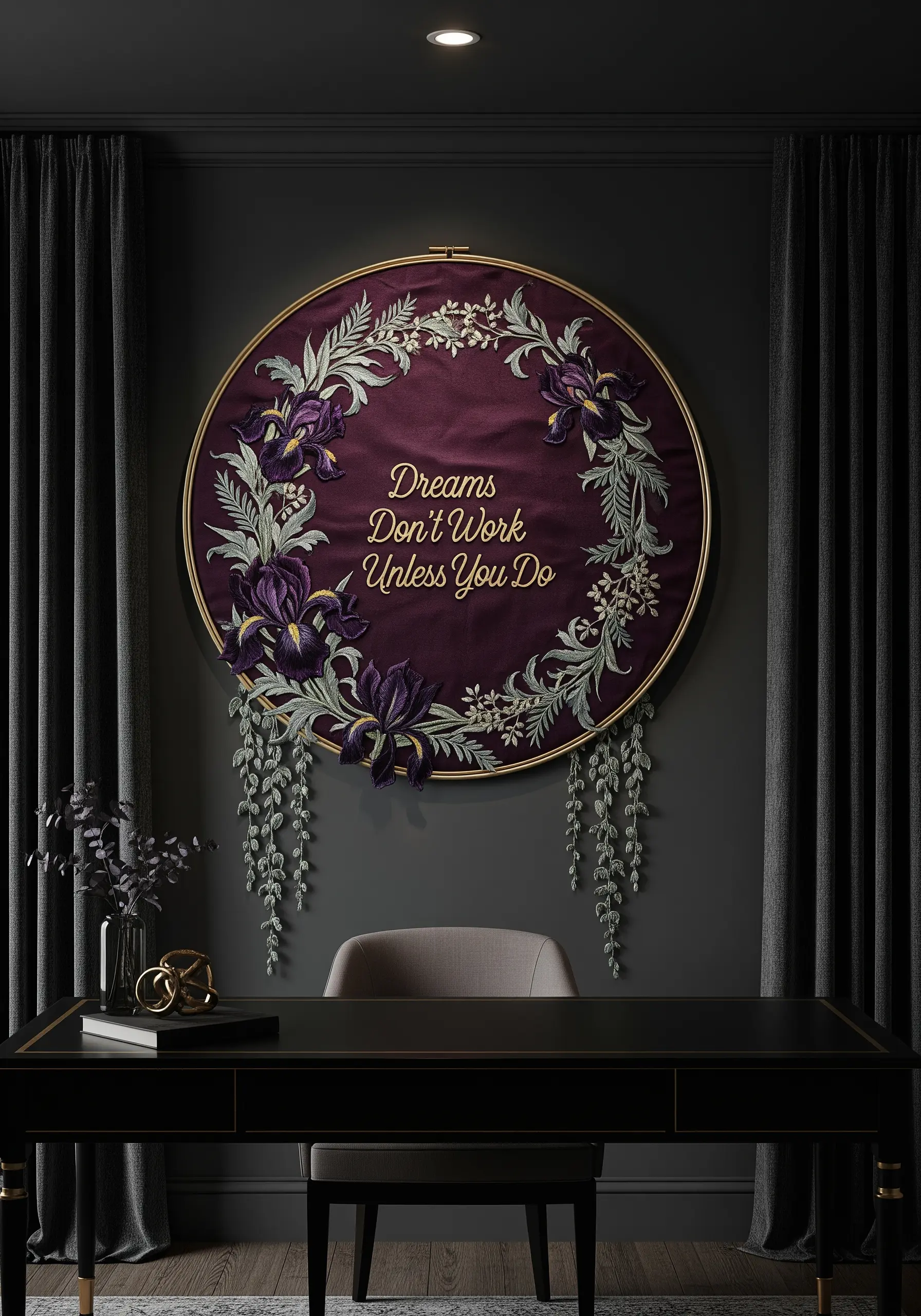 An elegant, asymmetrical embroidery wreath with dramatic purple irises and trailing vines.