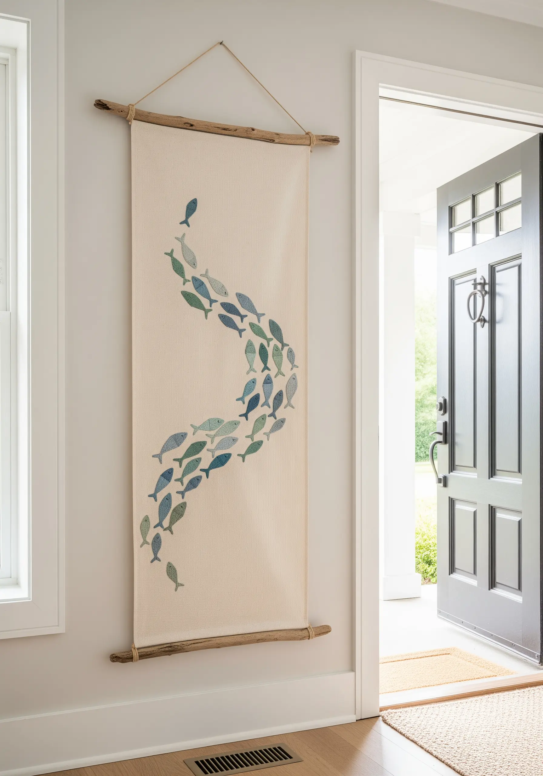 A fabric wall hanging with a school of small, embroidered fish swimming in a curve.
