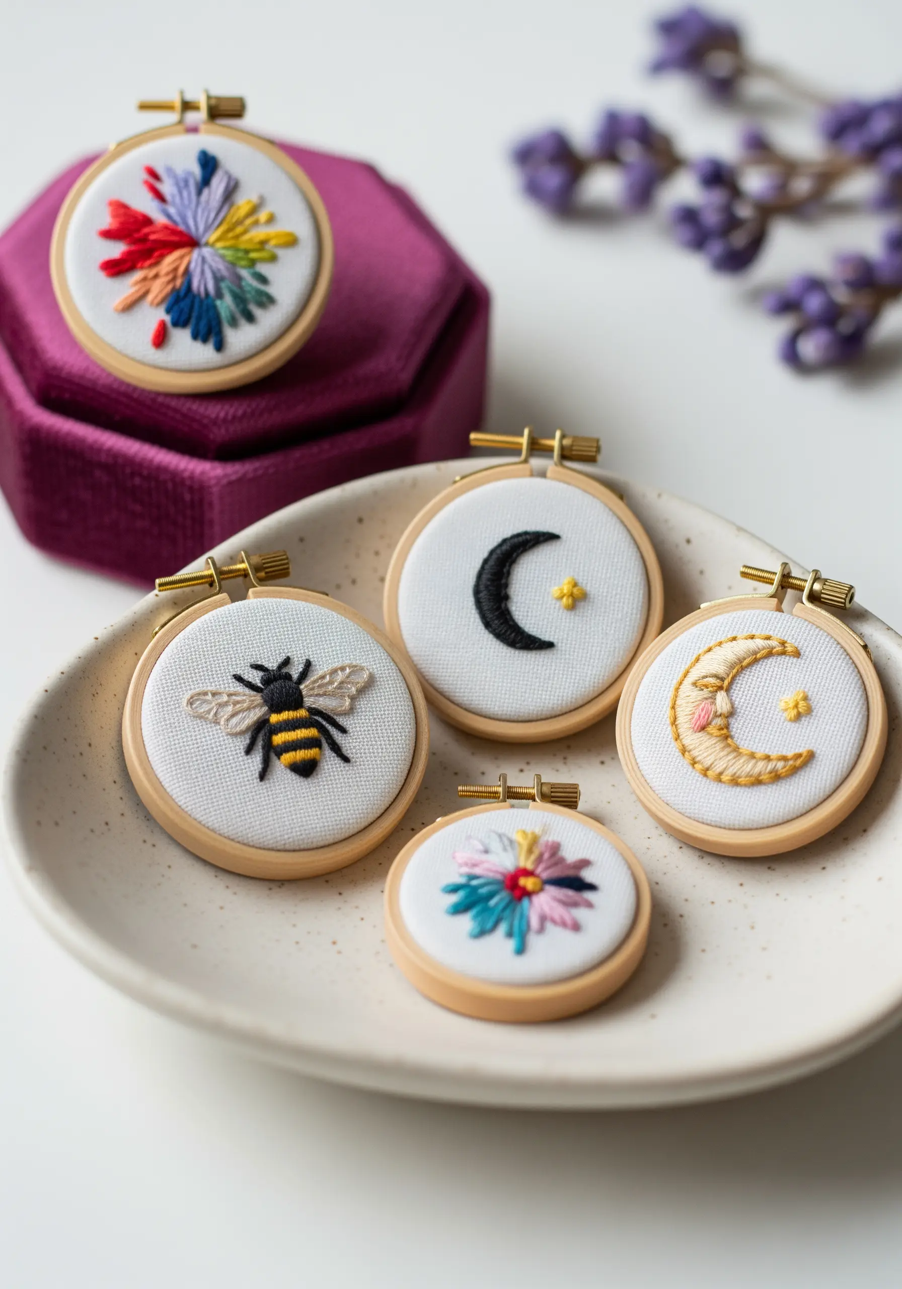 A collection of five tiny embroidery hoops with small motifs like a bee, moon, and flowers.