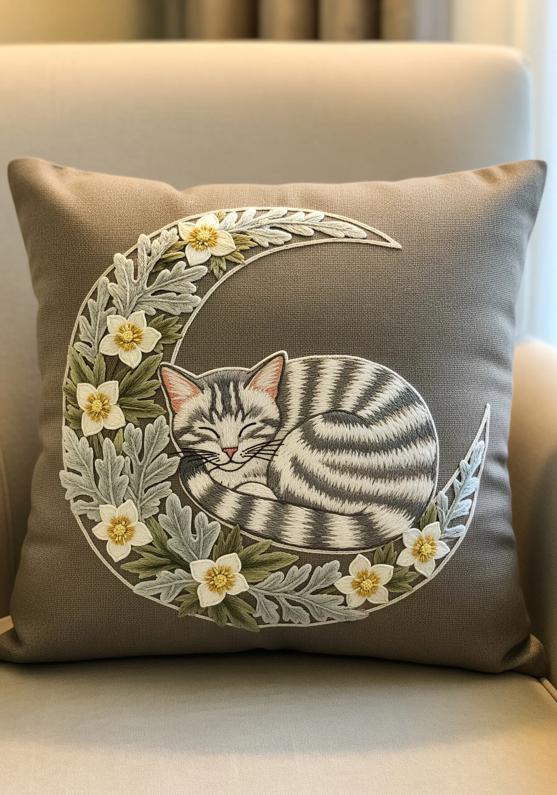 A sleeping cat embroidered on a gray cushion, using smooth satin stitch for the fill.