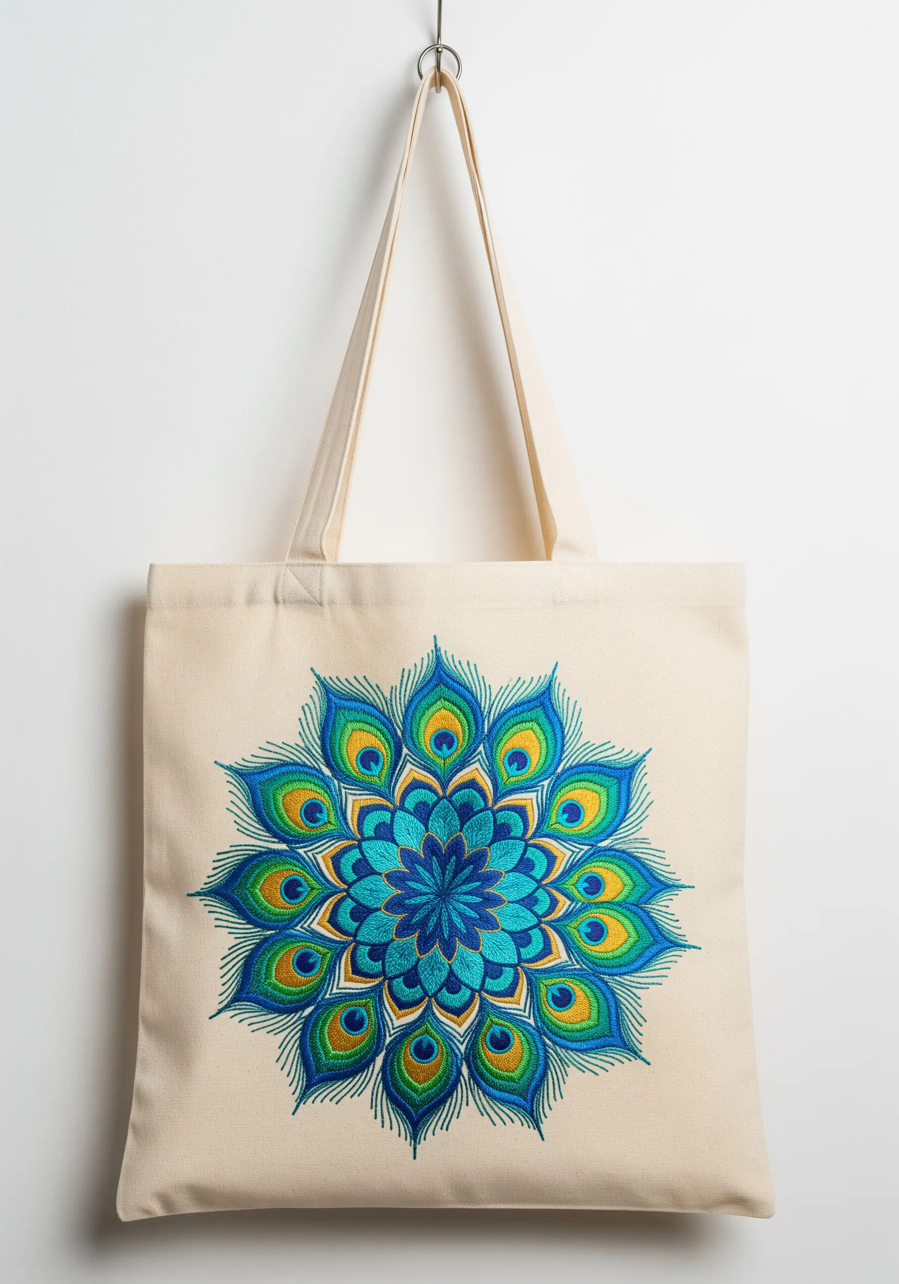 A vibrant peacock feather mandala with dense stitching on a natural canvas tote bag.