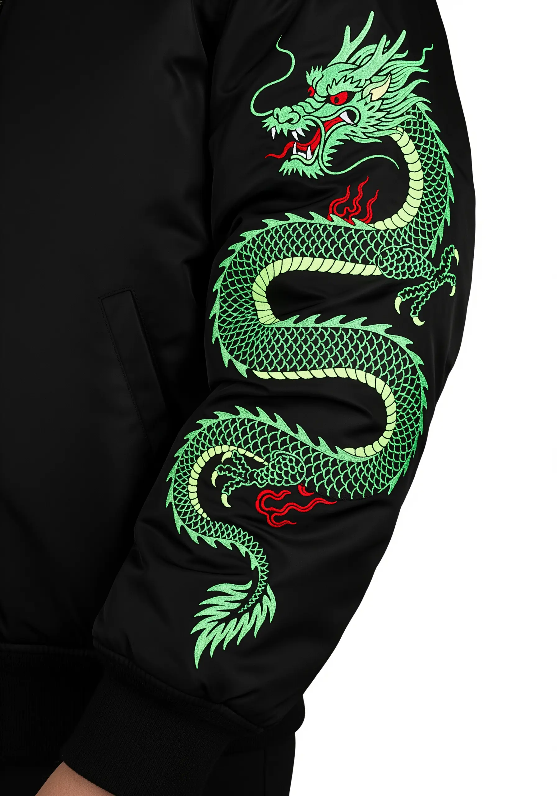 A detailed neon green dragon embroidered down the sleeve of a black bomber jacket.
