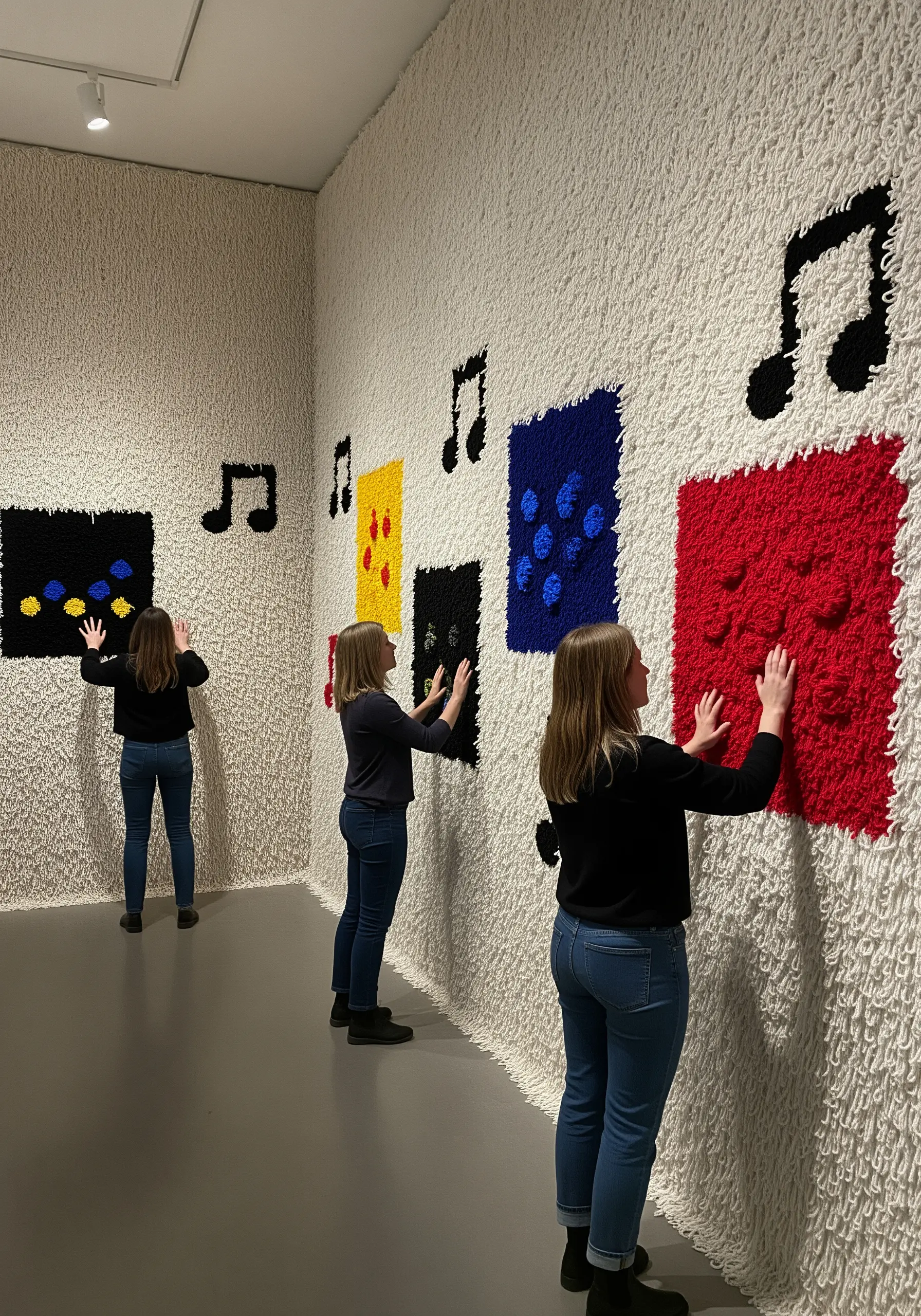 A tactile wall installation with raised yarn textures that people are touching.