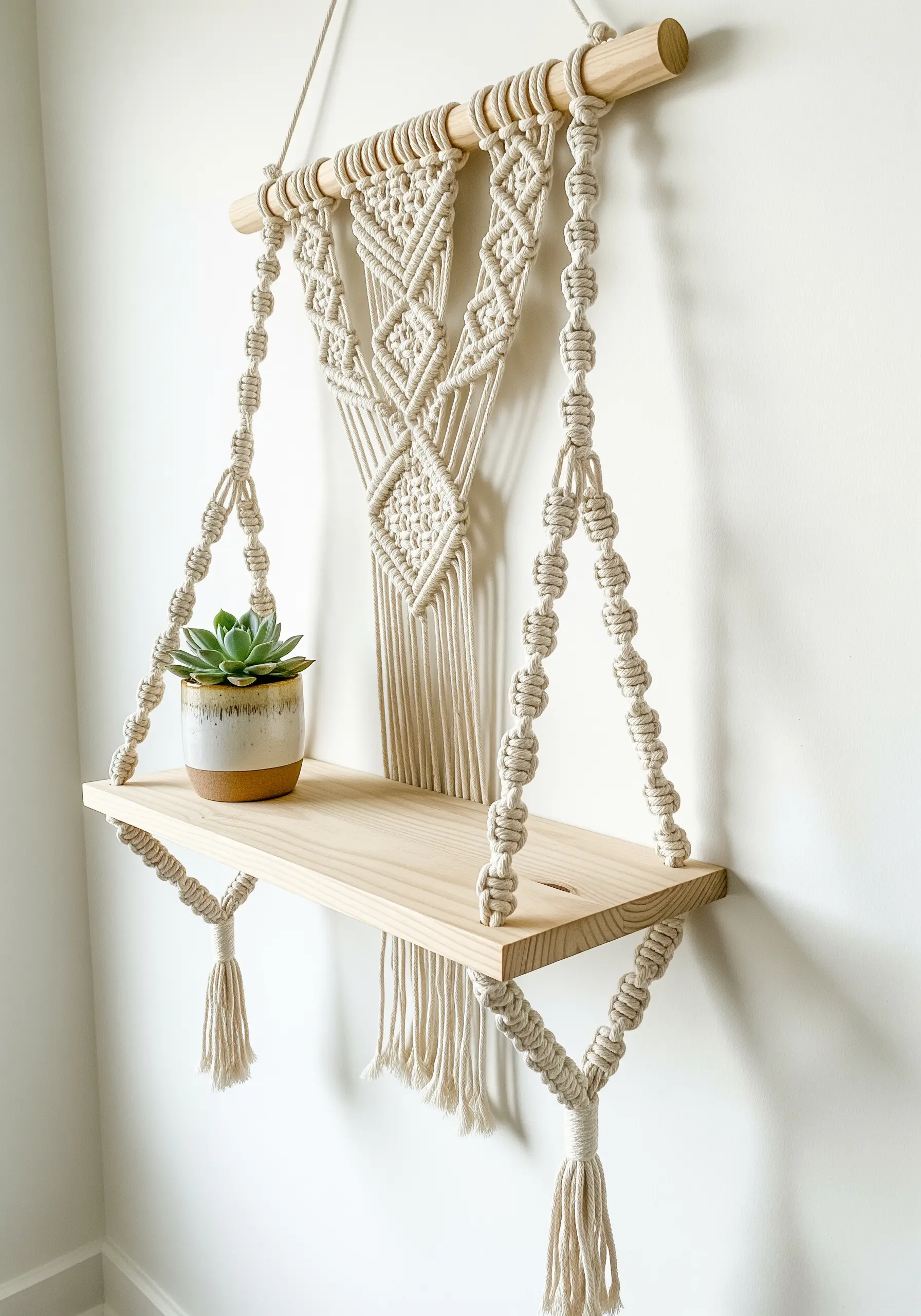 A macrame plant hanger with an integrated wooden shelf, featuring intricate knot work.