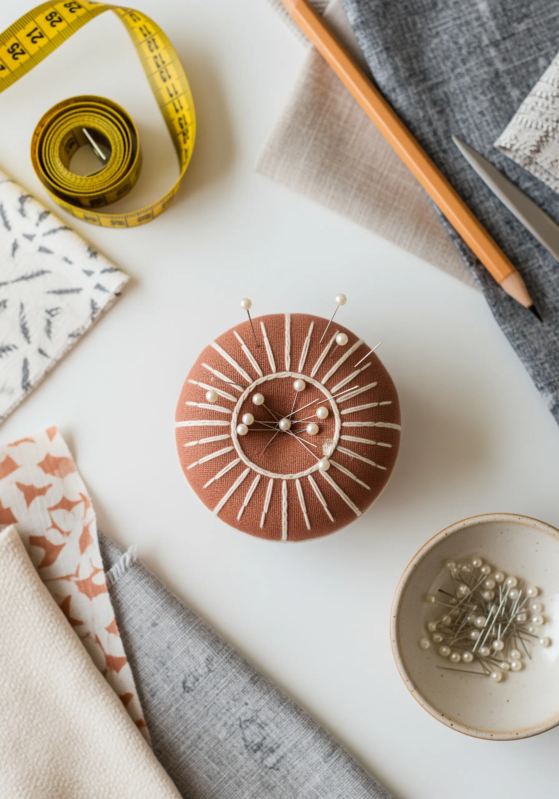 A terracotta-colored pincushion decorated with radiating straight stitches in white thread.