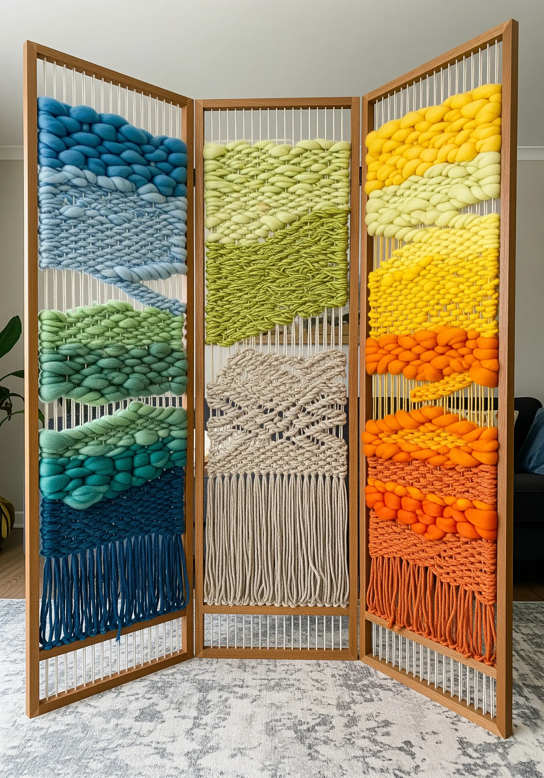 A three-panel room divider with woven sections in gradient colors of blue, green, and yellow.