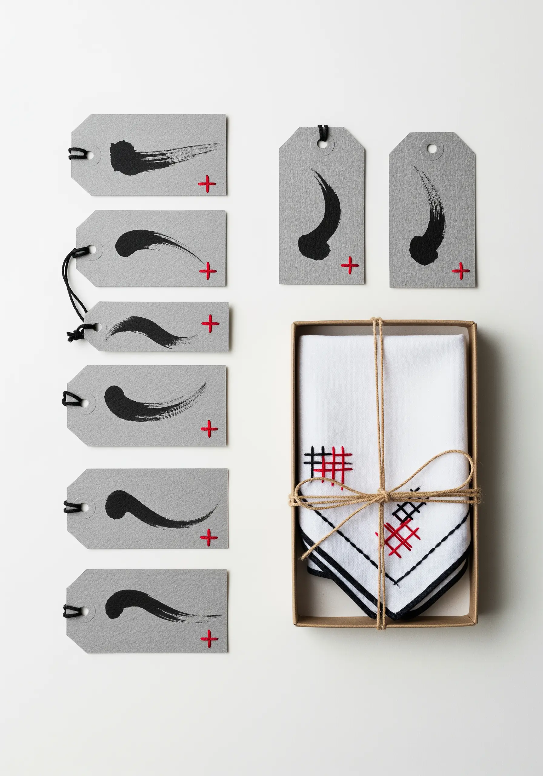 Minimalist embroidered handkerchief in a box with abstract ink brushstroke gift tags.