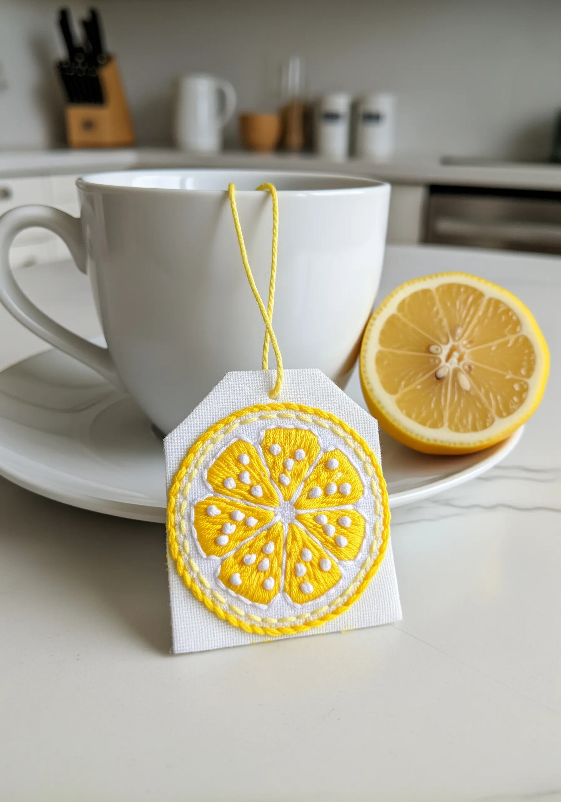 A decorative tea bag tag embroidered with a lemon slice, using negative space for detail.