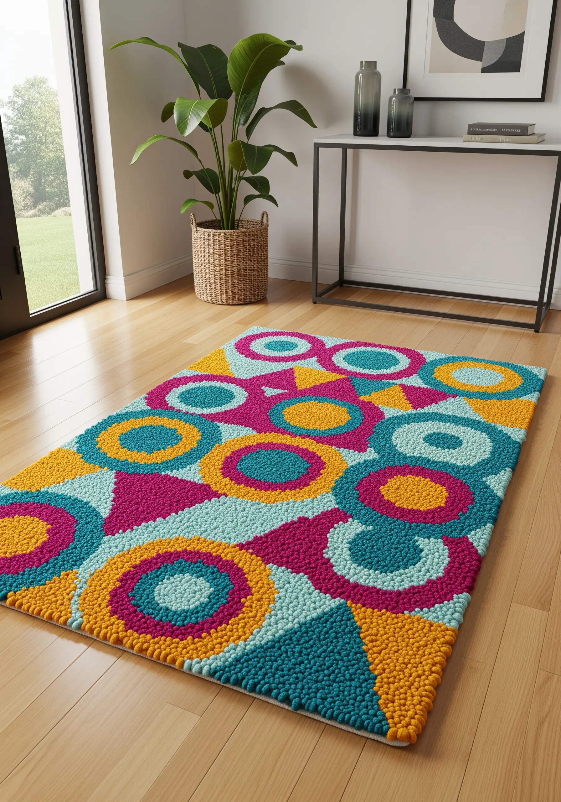 A colorful punch needle rug with geometric circles and triangles in pink, teal, and yellow.