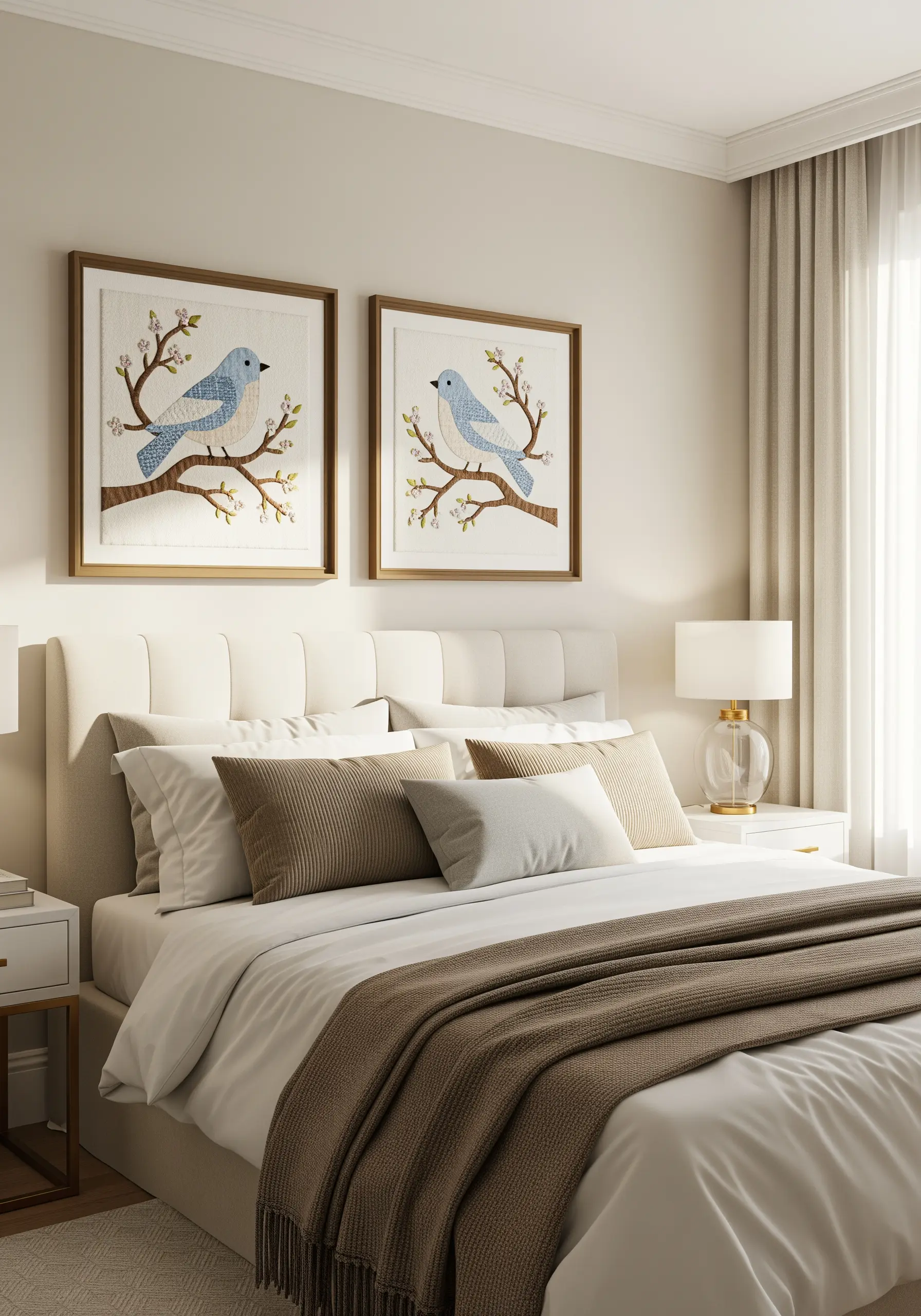 Two framed fabric collage art pieces of bluebirds on branches hanging above a bed.