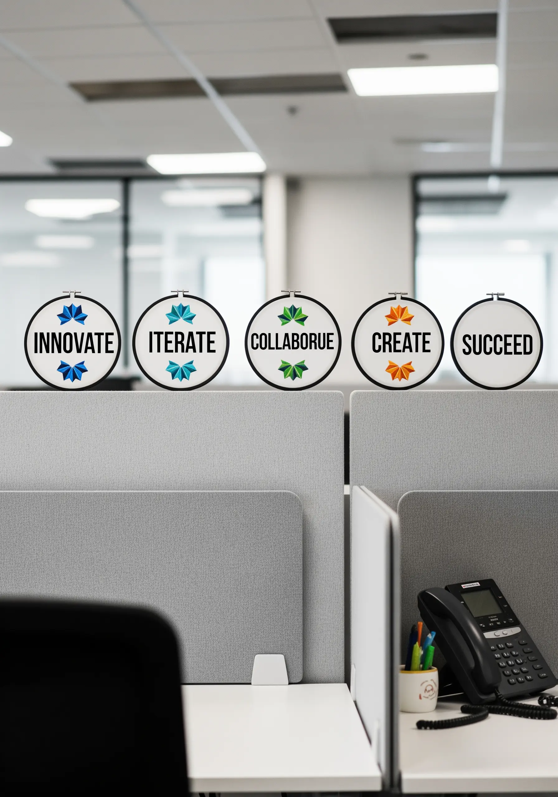 A row of five small, minimalist embroidery hoops with corporate buzzwords.