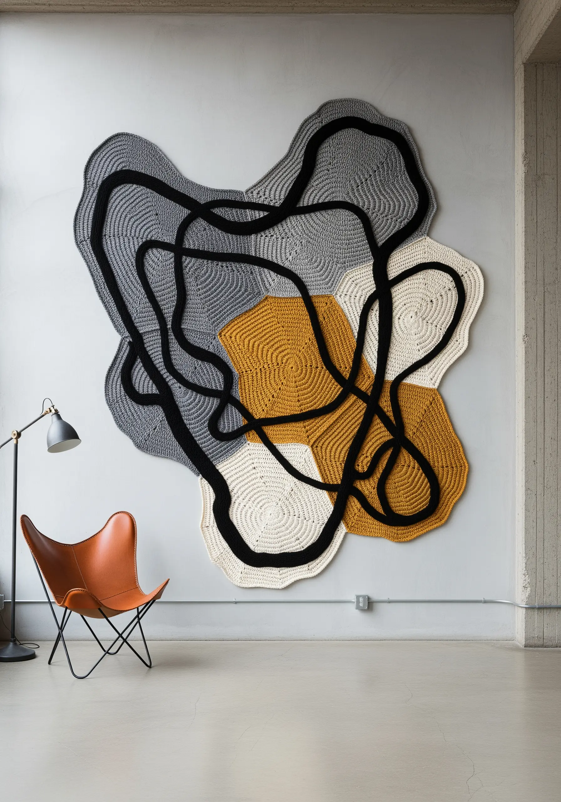 Large abstract crocheted wall art with organic shapes in grey, white, and gold.