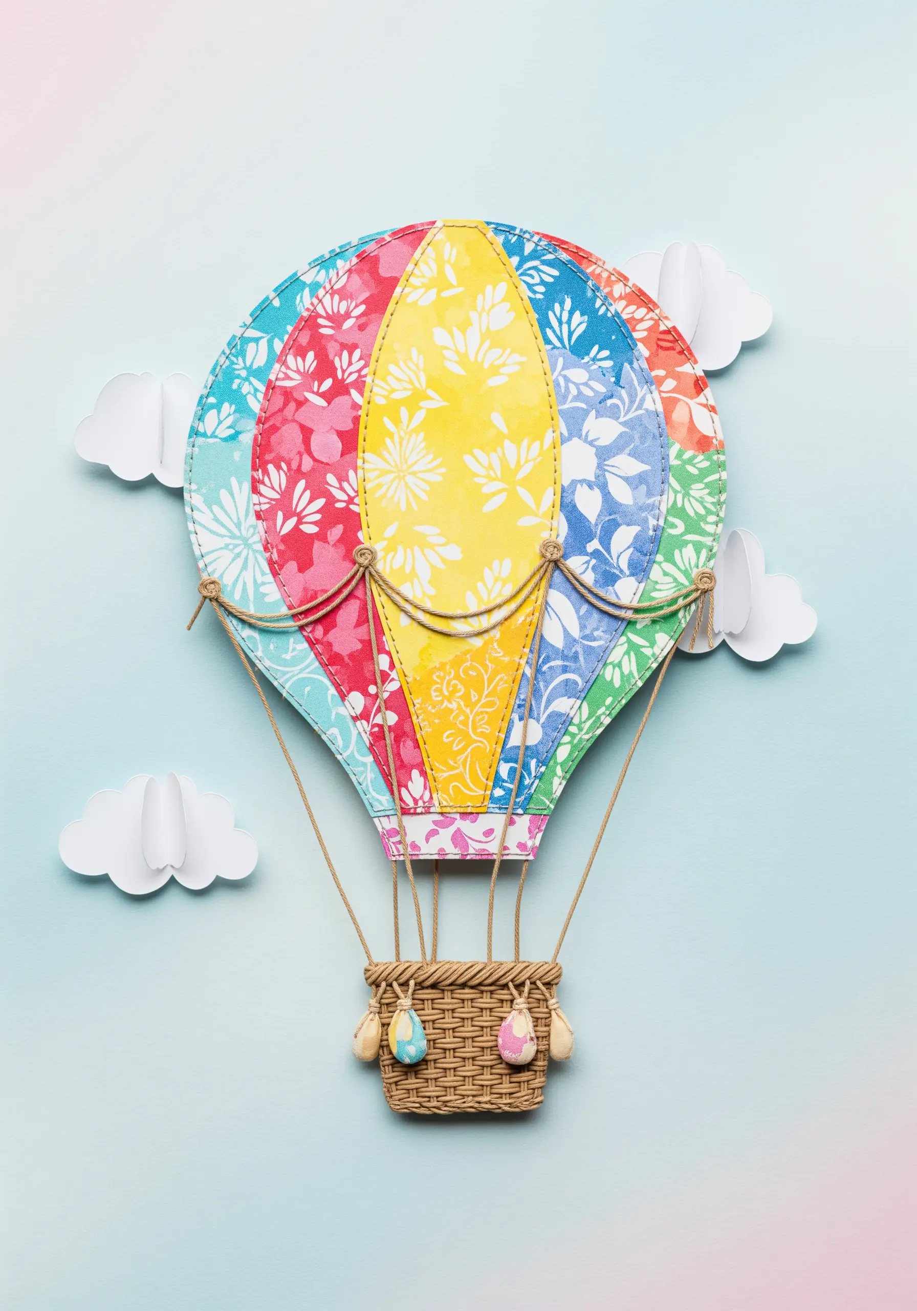 A colorful hot air balloon collage made from different patterned papers.