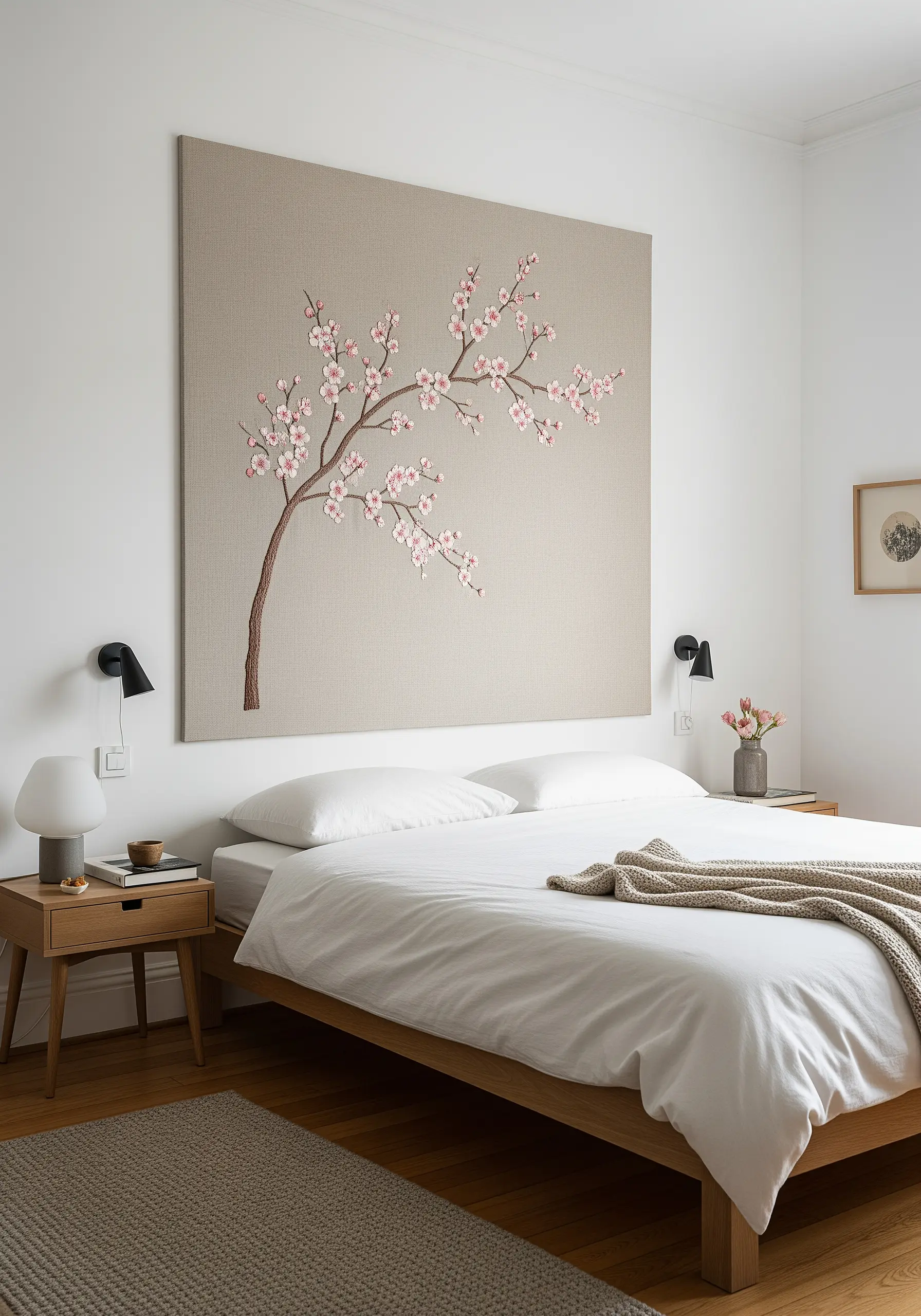 Large embroidered wall art of a cherry blossom branch on neutral linen fabric above a bed.