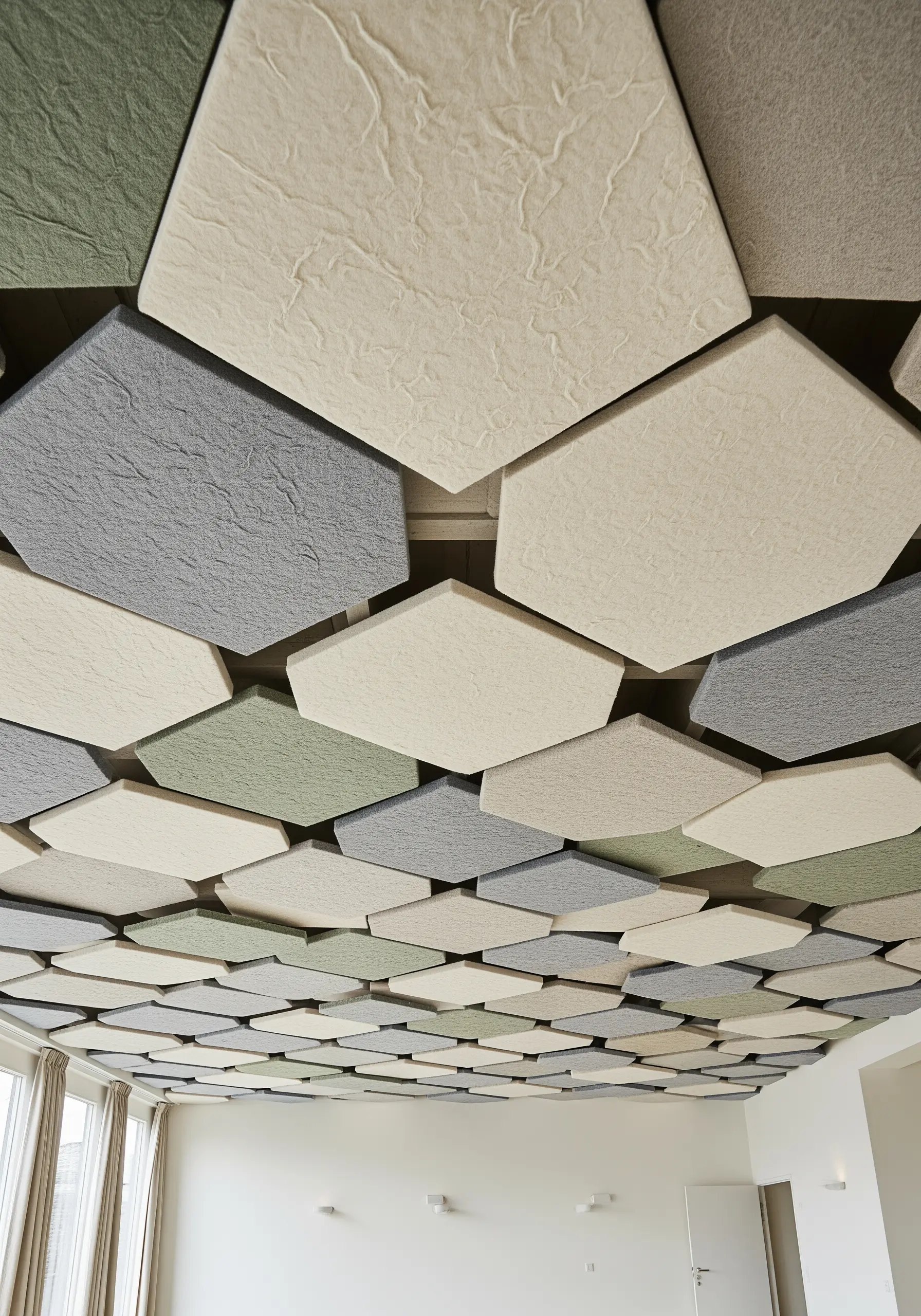 A ceiling covered in hexagonal acoustic panels with varied textures in muted greens and creams.