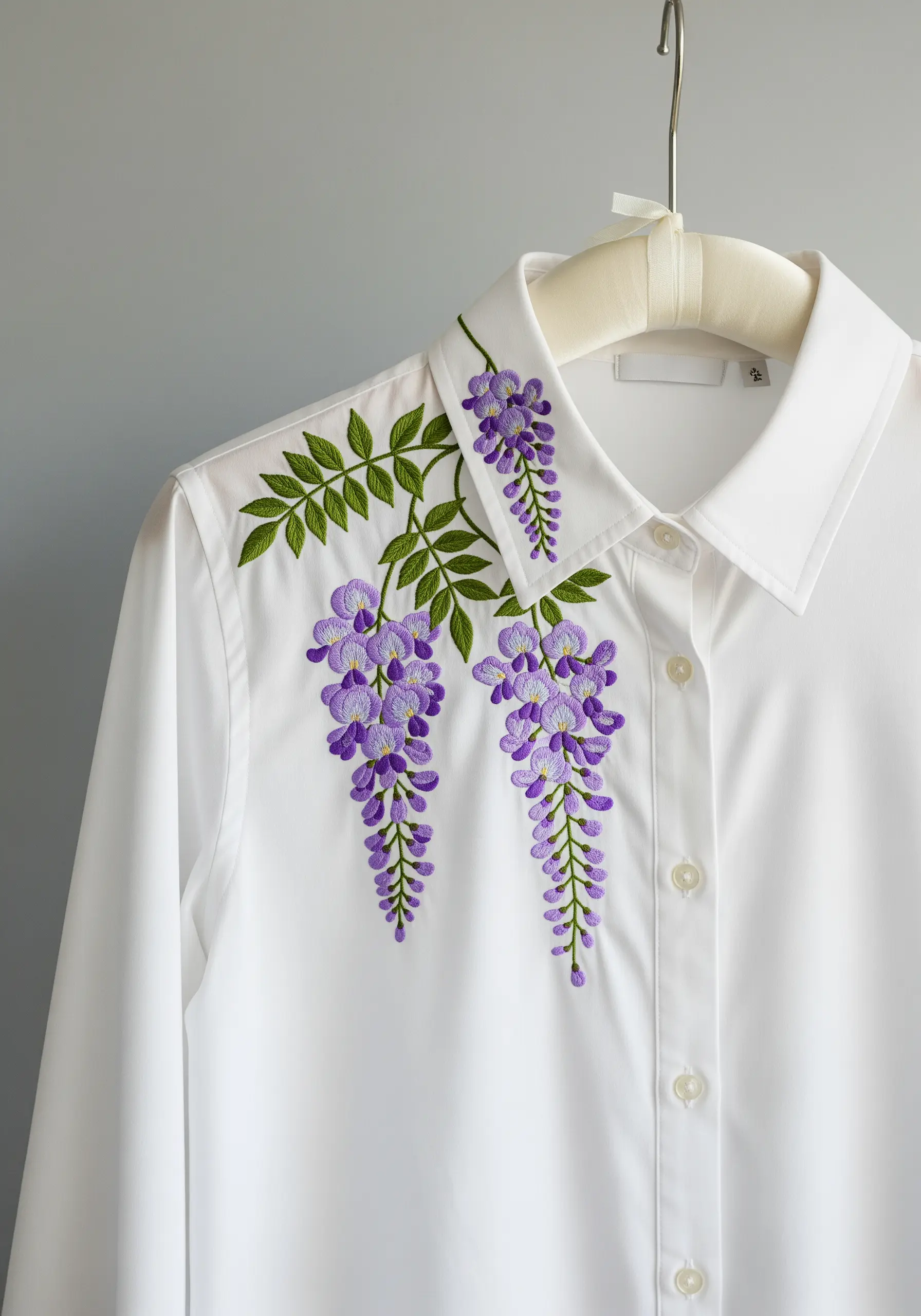 Cascading purple wisteria flowers embroidered on the collar and shoulder of a white button-down shirt.
