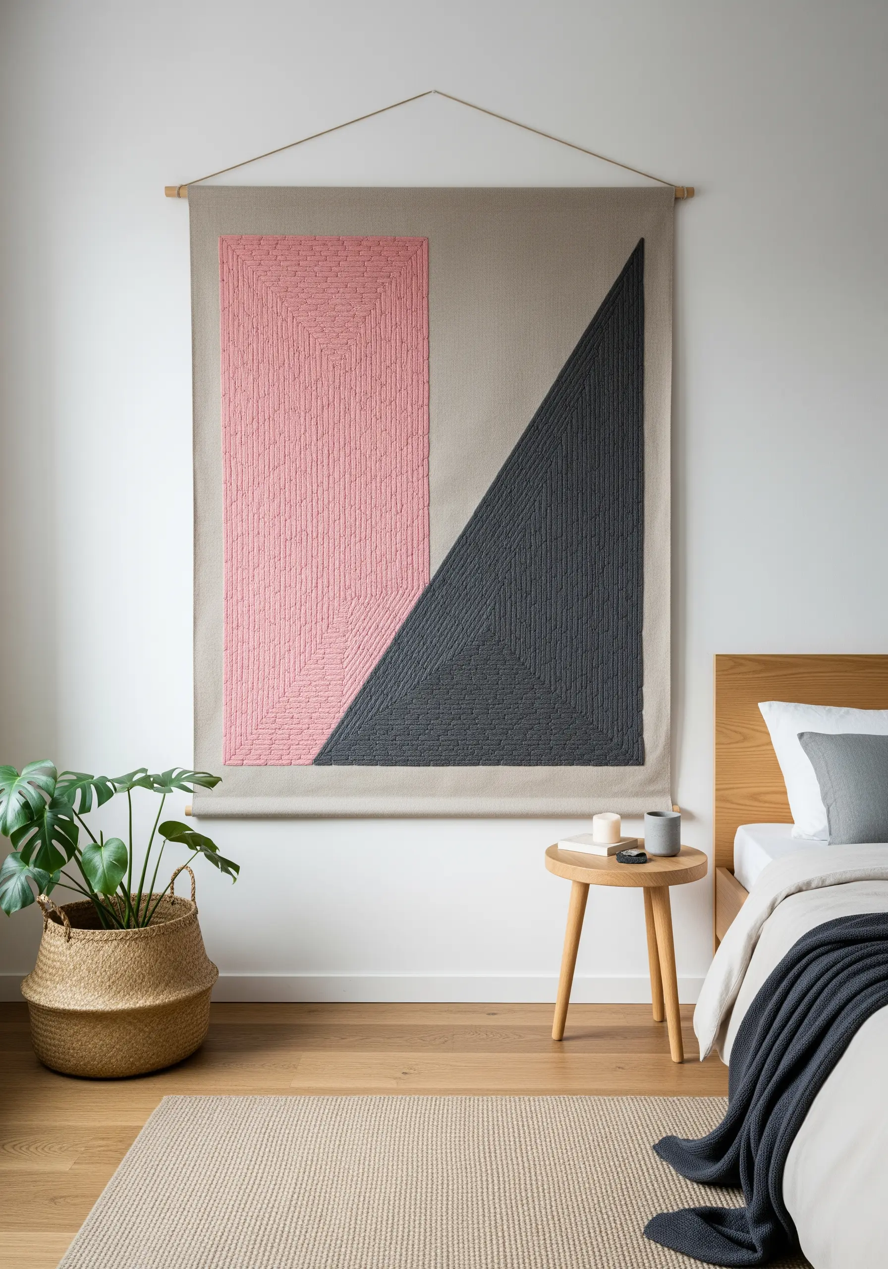 A large wall hanging with pink and charcoal geometric shapes filled with dense vertical stitches.