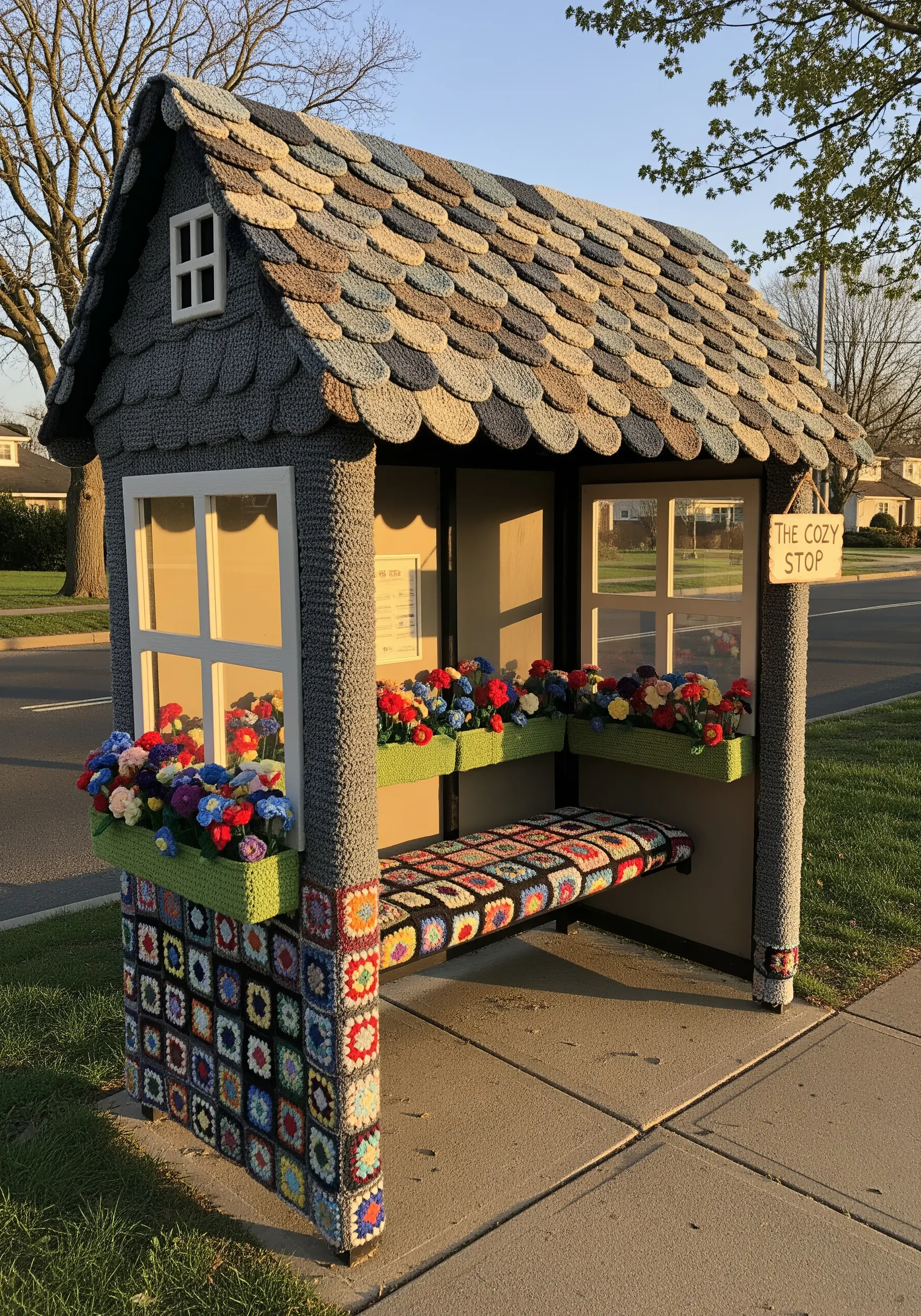 A cozy bus stop shelter completely covered in crocheted panels, including a granny square bench.
