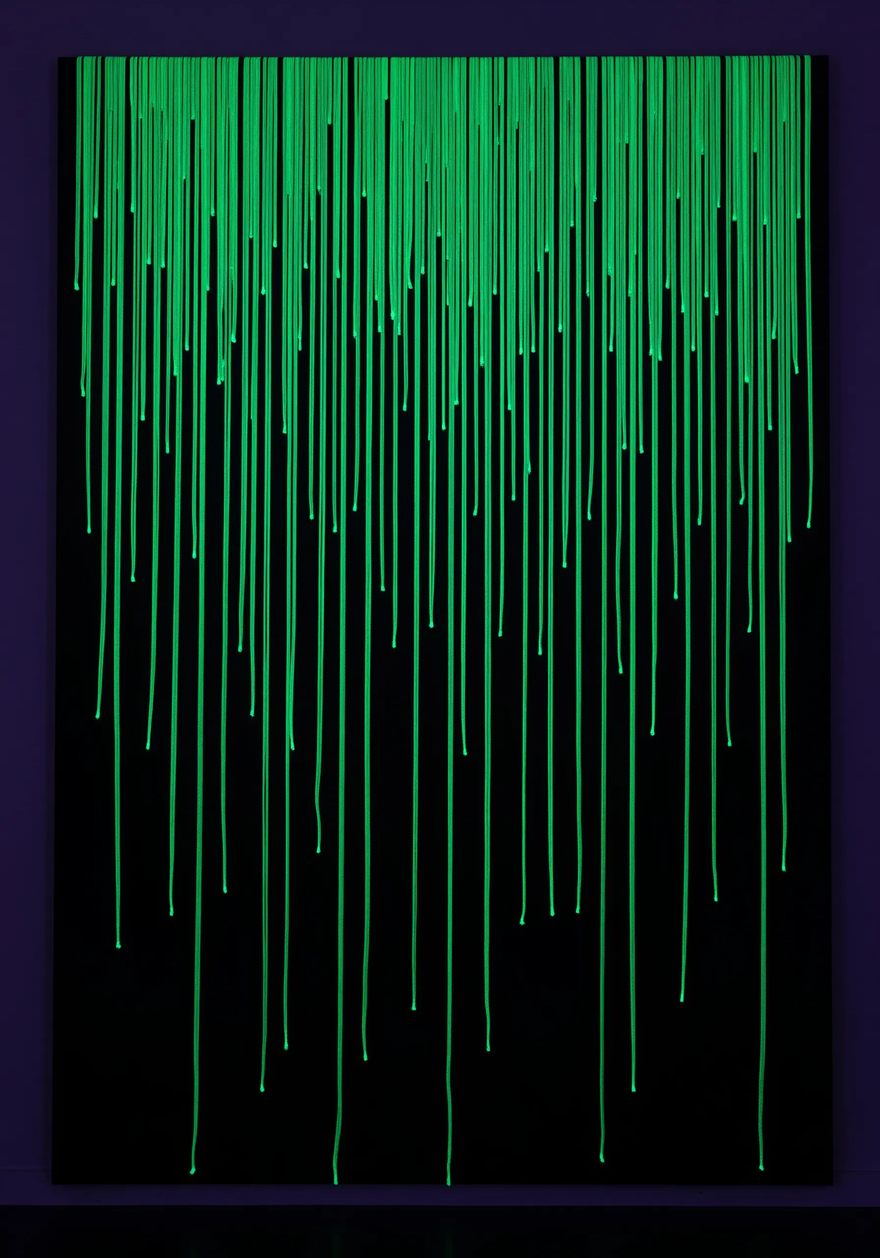 Long strands of neon green thread hang down like dripping paint on a black canvas.