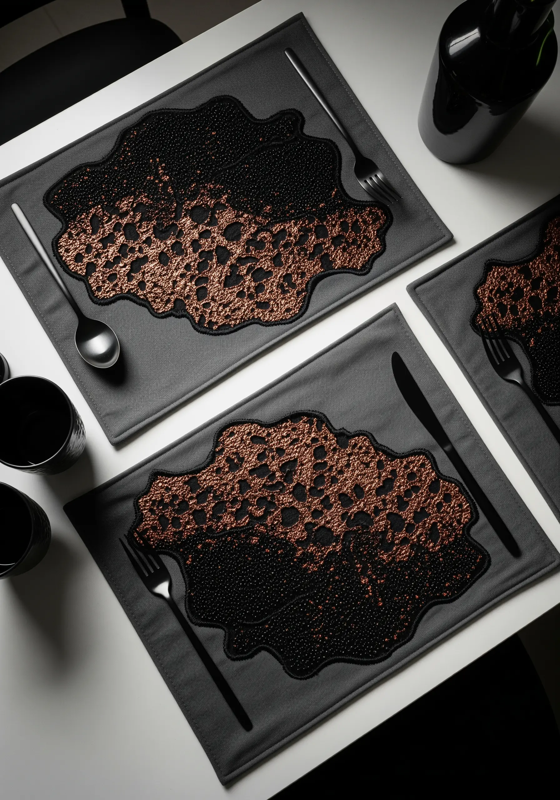 Placemats with an abstract shape filled partially with black beads and partially with open copper stitches.