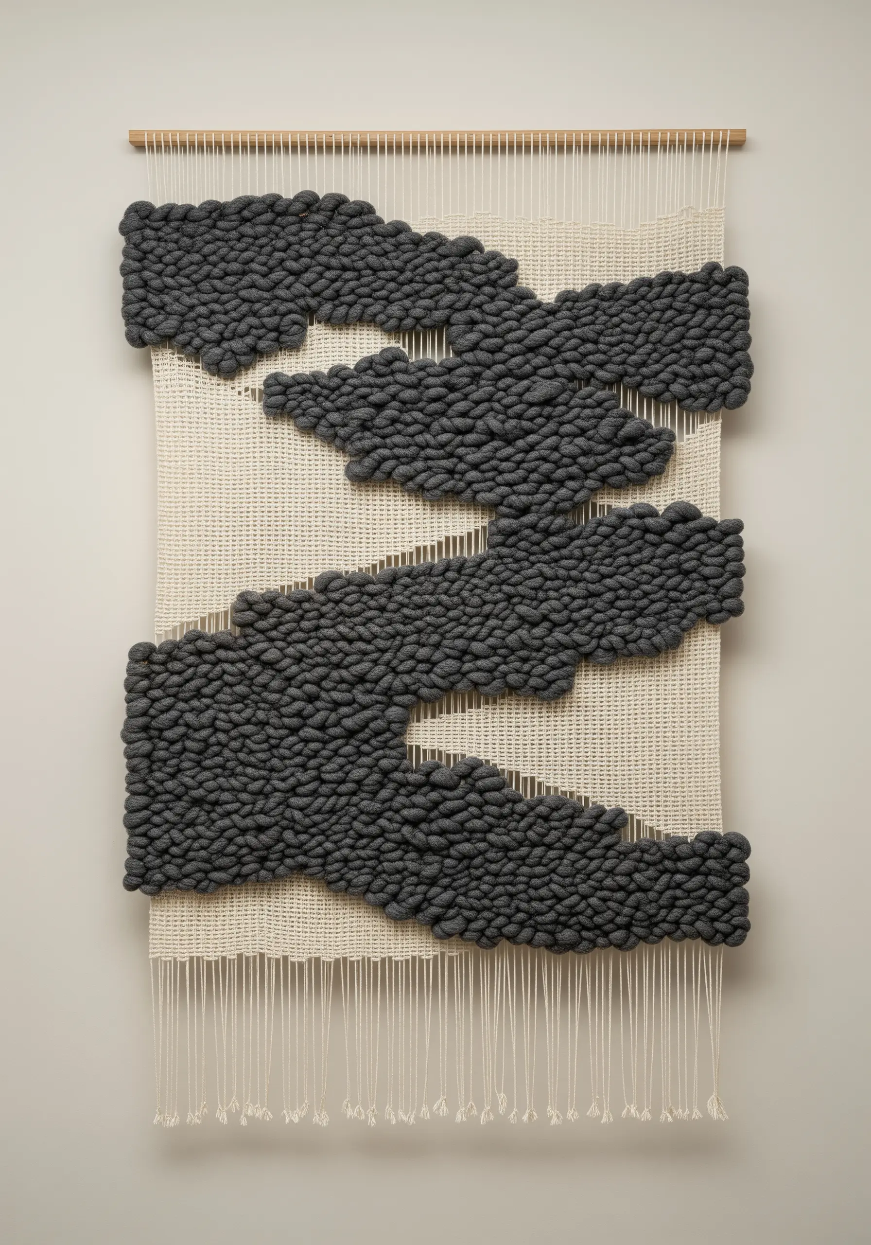 A woven wall hanging featuring chunky grey abstract shapes with exposed cream warp threads.