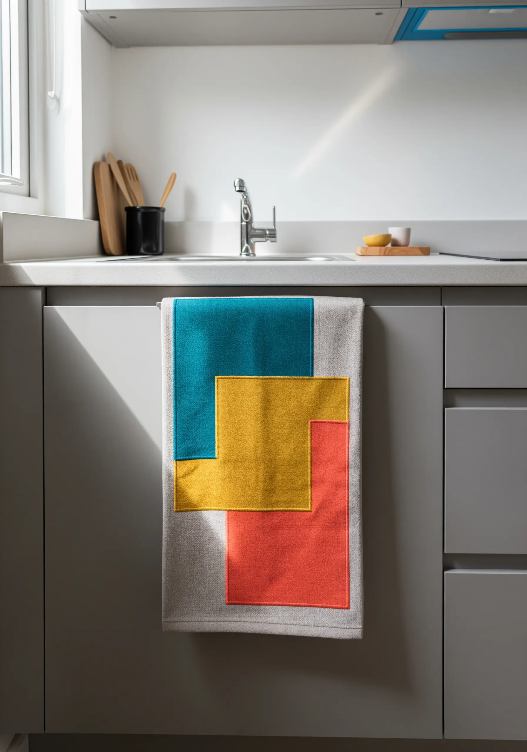 A modern color-blocked design using teal, yellow, and coral fabric appliquéd on a towel.